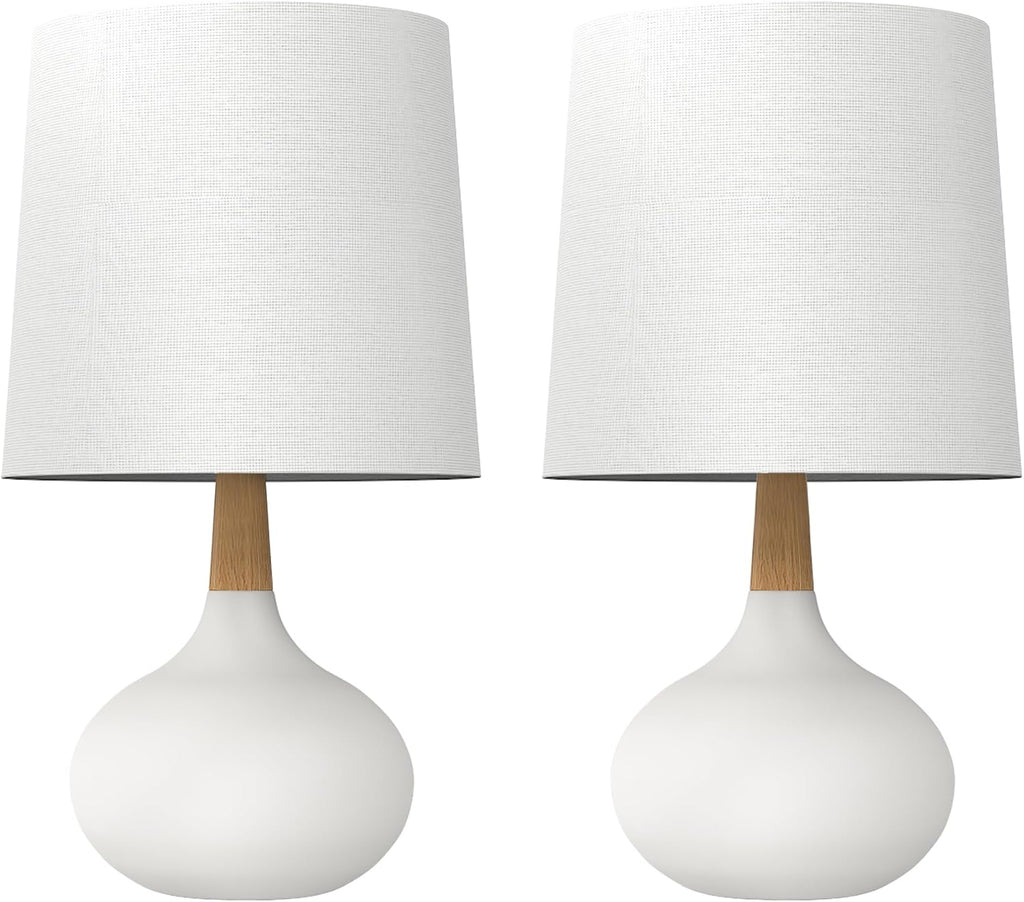 Hightry 14" Small Ceramic Table Lamp Set of 2, Bedside Lamp for Living Room with Natural Wood Stem & Linen Shade for Home Decor, Modern Far…