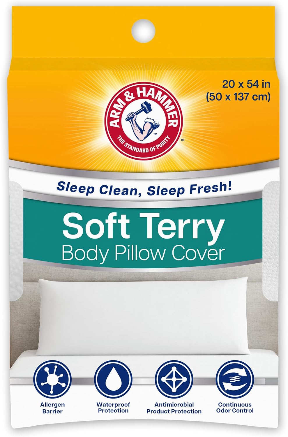 Armhammer Arm & Hammer Soft Terry Pillow Protector, Waterproof, Zipper Closure, 20" x 54", White, Body Pillow White