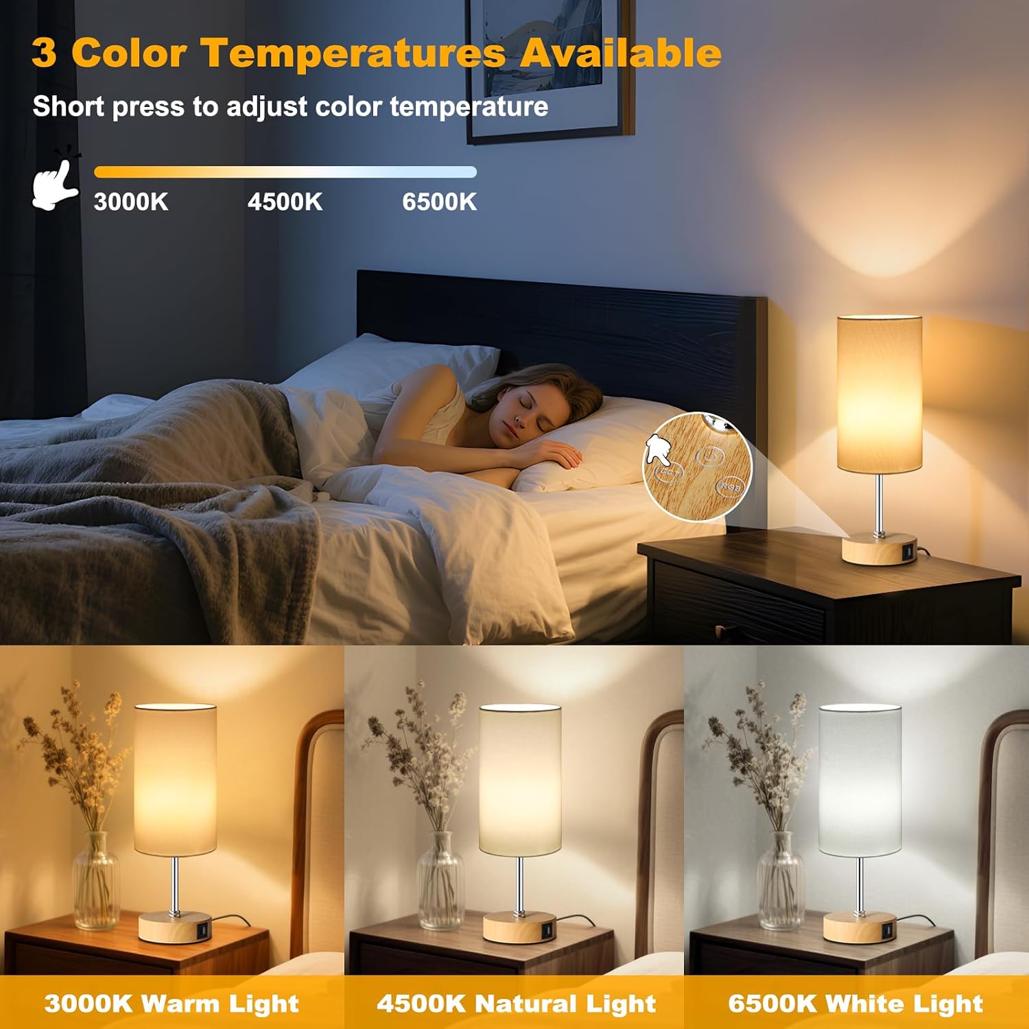 Unicozin Small Table Lamp, 3CCT & 7 RGB Color Changing, Dimmable Nightstand Lamp with Wood Grain Base, Touch Bedsides Lamp for Bedroom…