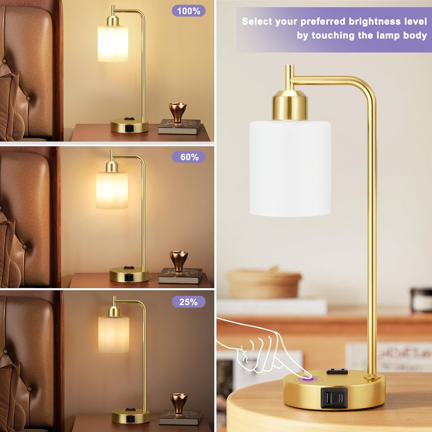 Innqoo Industrial Gold Table Lamps for Bedrooms Set of 2-3-Way Dimmable Desk Lamp with USB C+A Ports and Outlet, Gold Lamps with Opal…
