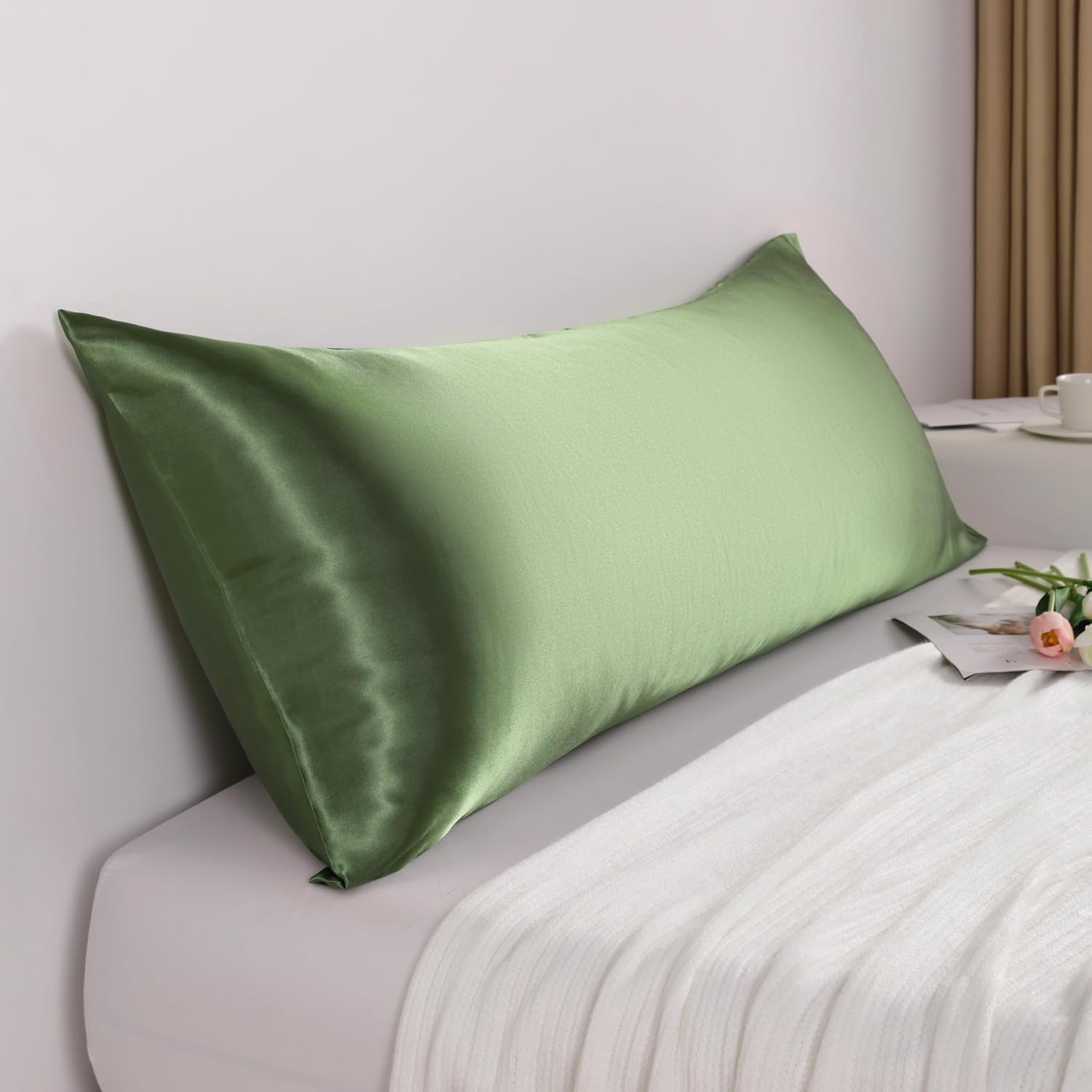 Ntbay Satin Body Pillowcase for Hair and Skin, Luxurious and Silky Pillow case with Envelope Closure, 20x54 Inches, Olive Green 54 Inches G…