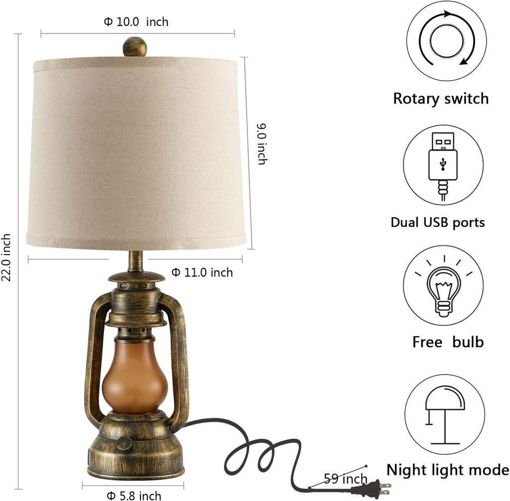 Set of 2 Farmhouse Lantern Table Lamps for Living Room with 2 USB Charging Ports, Rustic Vintage Nightstand Lamps with Nightlight for…