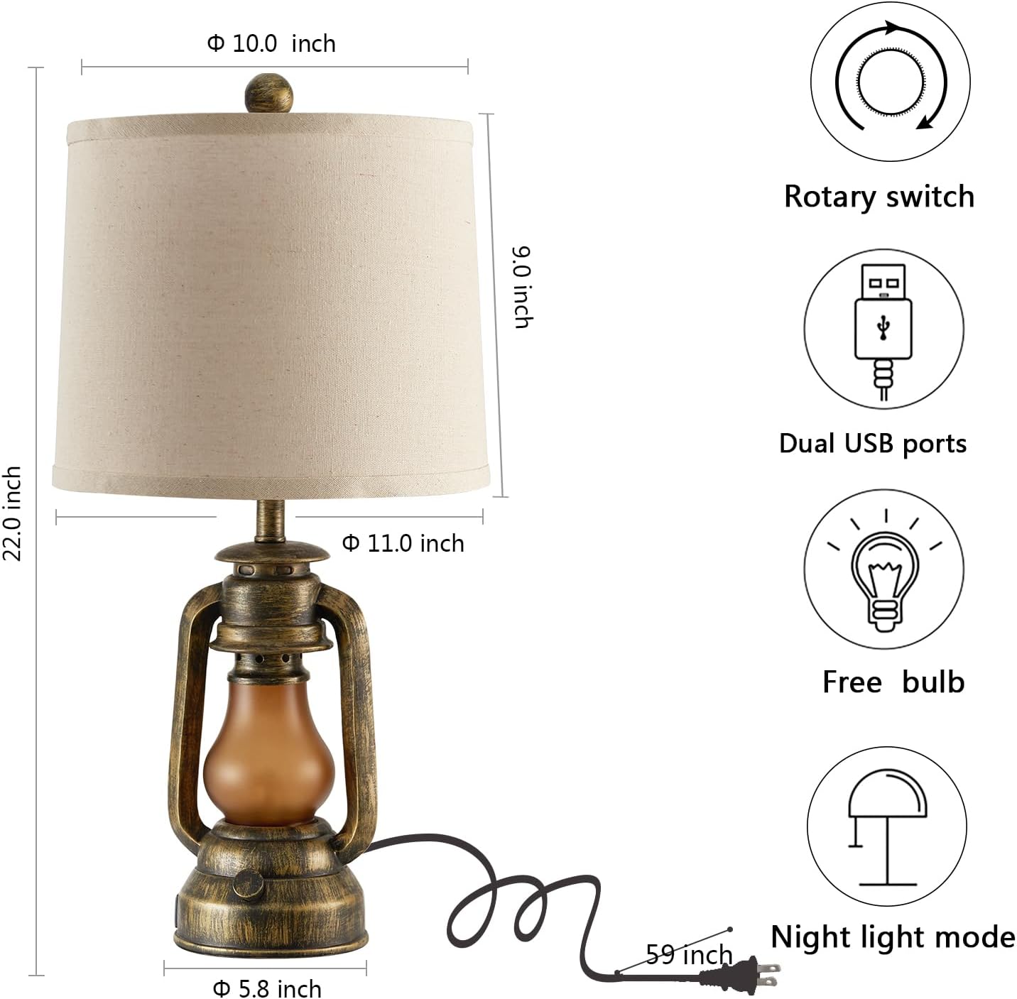 Set of 2 Farmhouse Lantern Table Lamps for Living Room with 2 USB Charging Ports, Rustic Vintage Nightstand Lamps with Nightlight for…