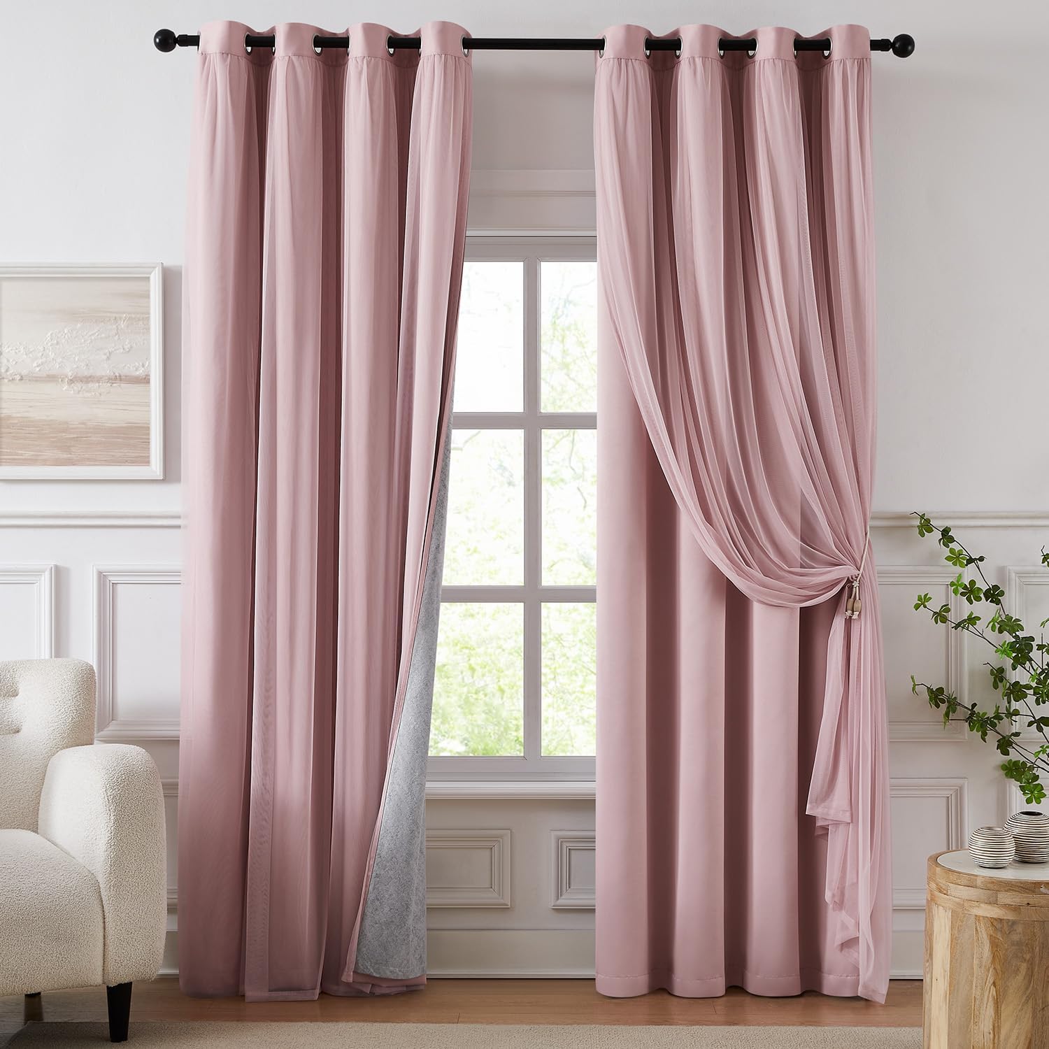 Swandream 100% Blackout Curtains for Bedroom, Double Layer Pink Curtains, Black Out Curtain 108 inch Long with Sheer Overlay for Living Roo…