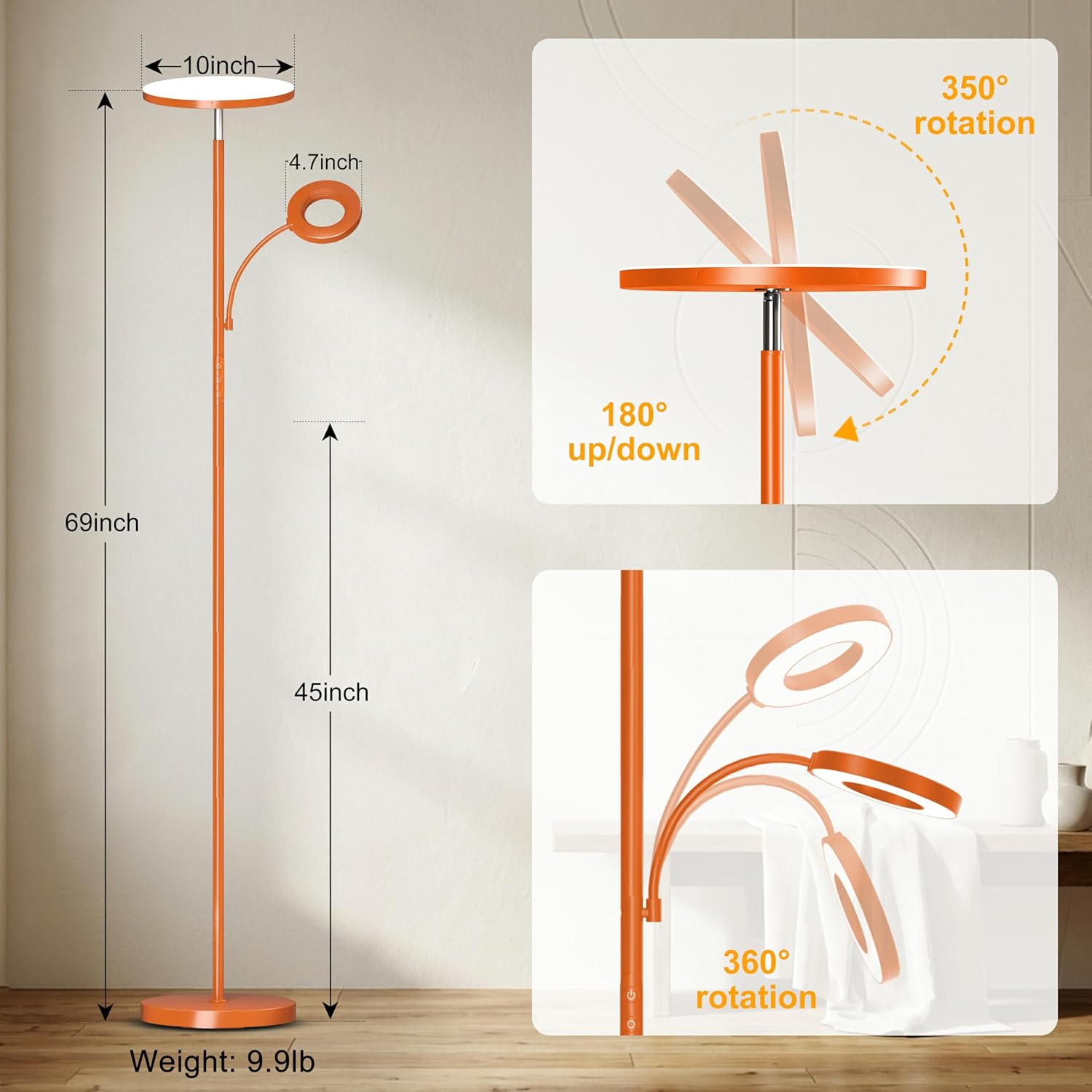 Marctronic Orange Floor Lamp, 42W 4000LM Super Bright LED Lamp with Reading Light for Living Room Bedroom Office, Touch Control, Dimmable S…