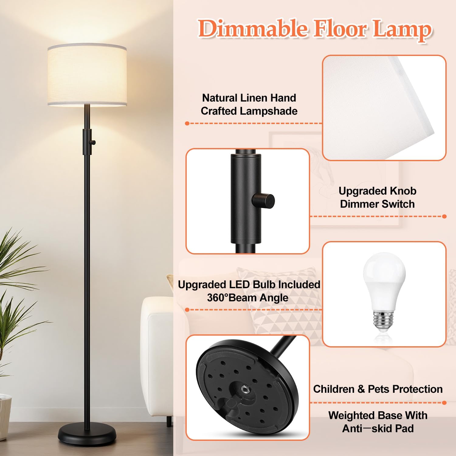Upgraded】 Dimmable Floor Lamp, Modern Floor Lamps Simple Design with White Shade for Living Room, Tall Standing Lamp for Bedroom Office…