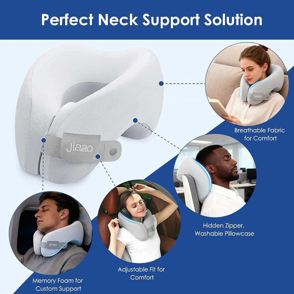 jiaao Memory Foam Neck Pillow for Travel & Airplanes, Adjustable Travel Pillow for Long Flights & Road Trips, Includes Eye Mask…