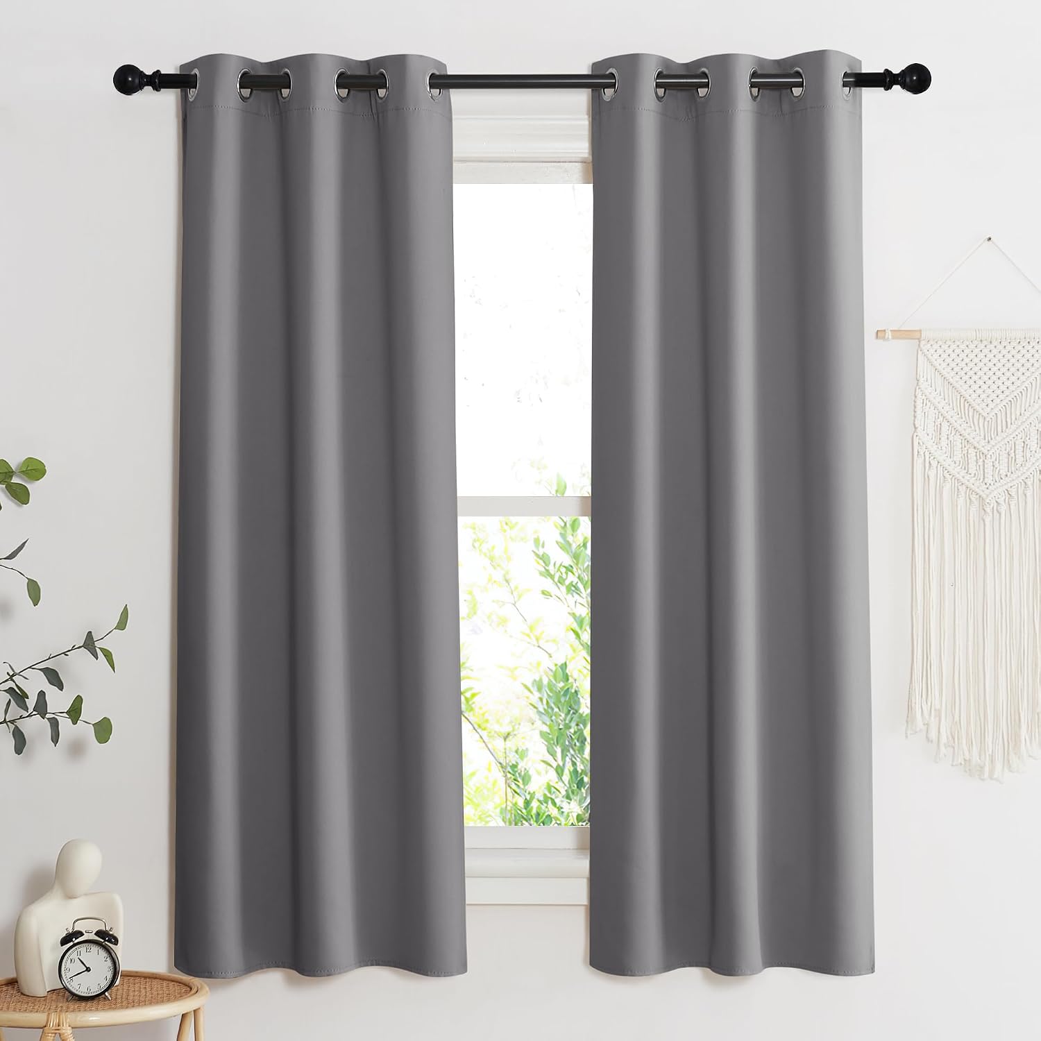 Nicetown 100% Blackout Short Curtains with Black Liners, 2 Panels, 37" W by 50" L, Grey, Solid Thermal Insulated Full Blackout 2-Layer Line…