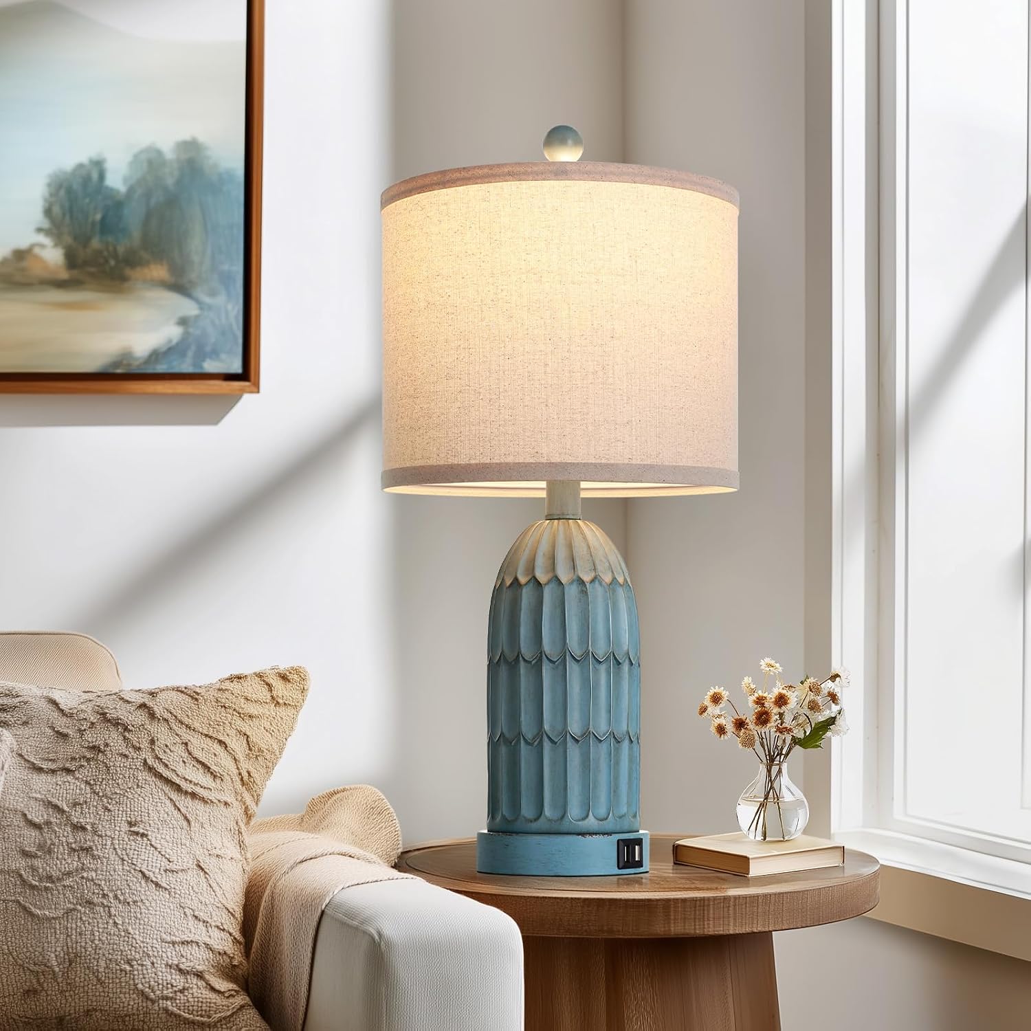 Cinkeda Coastal Table Bedside Lamps Set of 2, Farmhouse 3-Way Dimmable Touch Nightstand Lamp with 2 USB Charging Ports, Vintage Bedside…