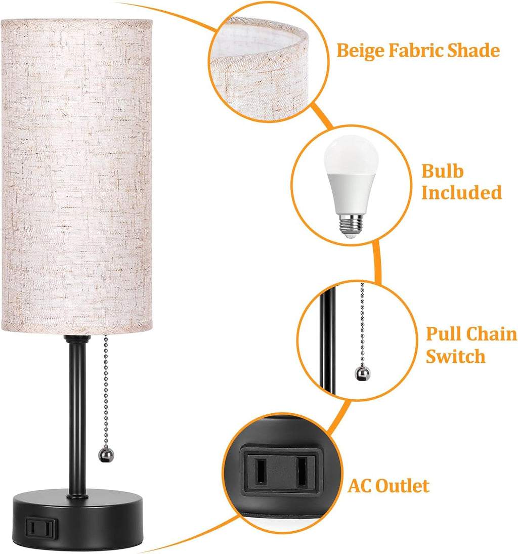 Bedside Table Lamp for Bedroom, 3-Color Small Lamps with Pull Chain, Bedroom Table Lamps for Night stands, Desk Reading Light AC Outlet…
