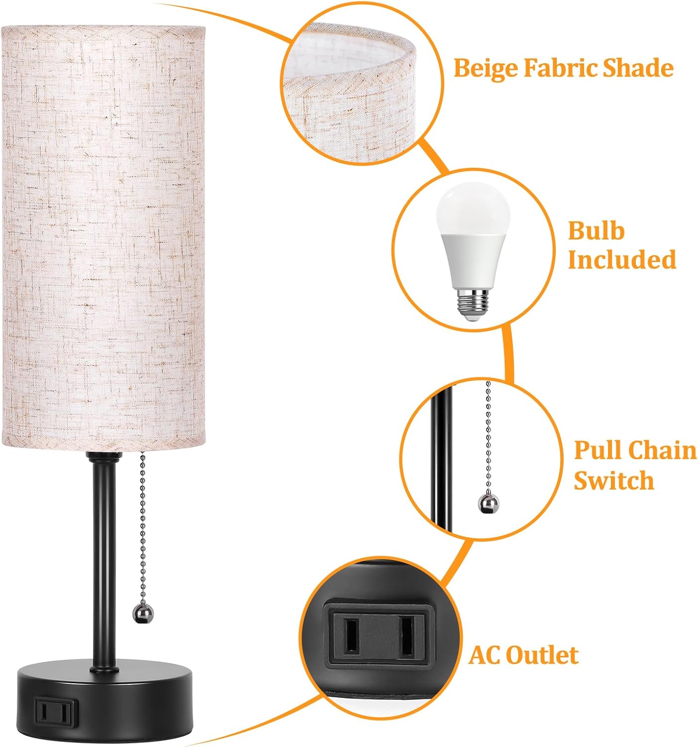 Bedside Table Lamp for Bedroom, 3-Color Small Lamps with Pull Chain, Bedroom Table Lamps for Night stands, Desk Reading Light AC Outlet…
