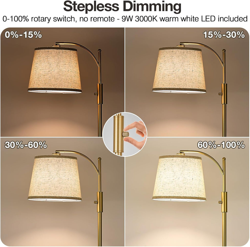 AIDENOEY Fully Dimmable Floor Lamp for Living Room, Standing Lamp Rotary Switch with Table&Linen Beige Shade, Golden Tall Lamps for Bedroom…