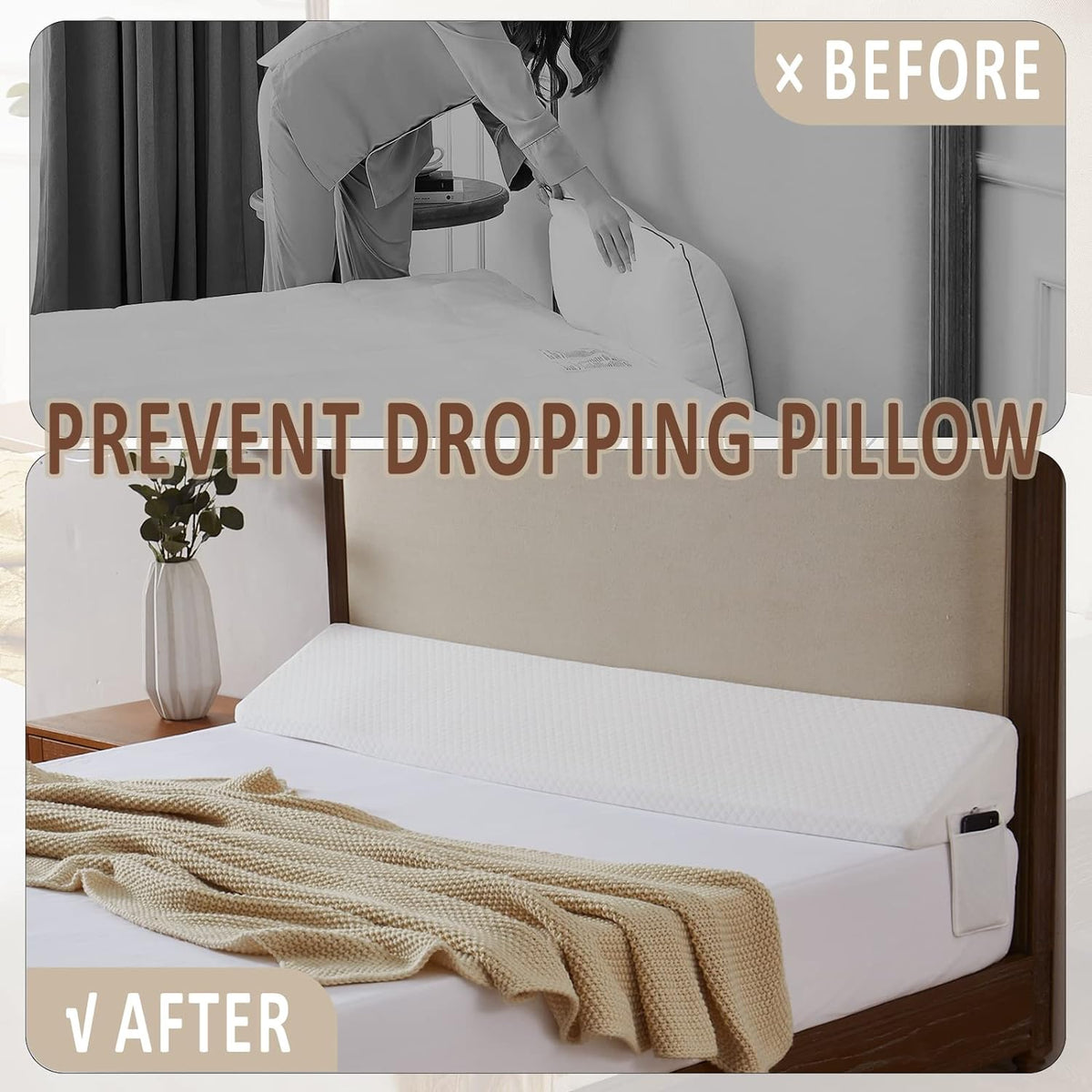 Homemate Queen Size(60"x10"x6") Bed Wedge Pillow Stopper - Bed Gap Filler(0-8") - Headboard Pillow - Triangle Bloster Pillow Wedge - White