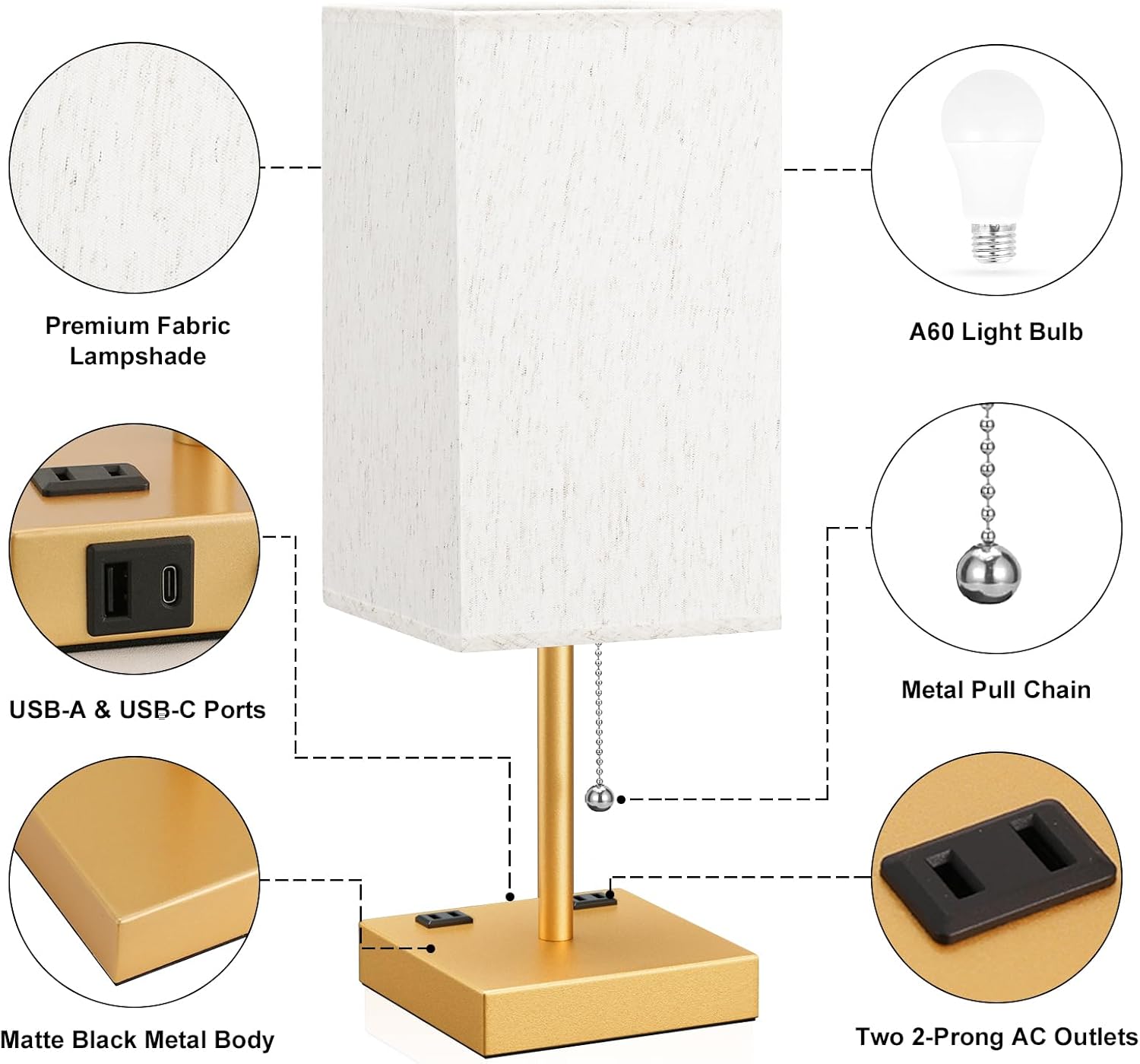 Aooshine Medium Table Lamp with USB Ports - 3 Color Temperature Bedside Lamp for Bedroom, Pull Chain Control, USB A and C Ports, 2 AC Outle…