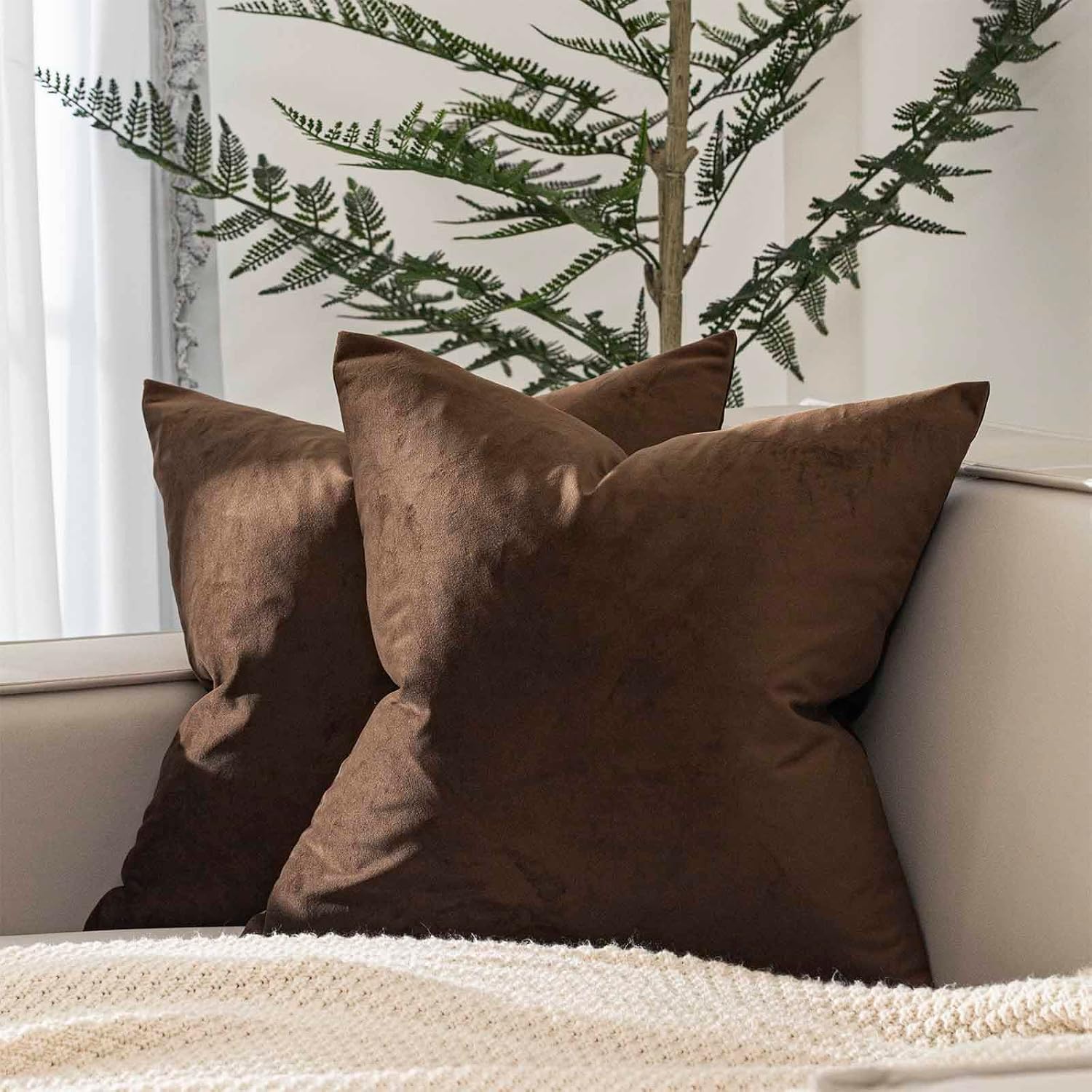 Juspurbethome JUSPURBET Brown Throw Pillow Covers Set of 2 Decorative 22x22 Velvet Pillow Covers for Couch Sofa Bed Soft Cushion Covers Cas…