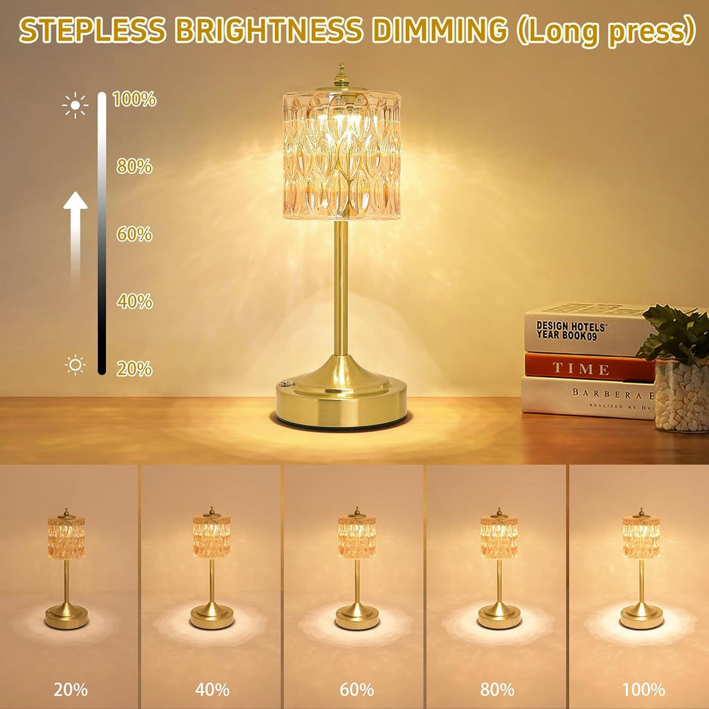Cordless Crystal Table Lamp, 5200mAh Rechargeable Battery, 3 Color Dimmable Touch Control, Portable Vintage Gold Desk Lamp for Bedroom…
