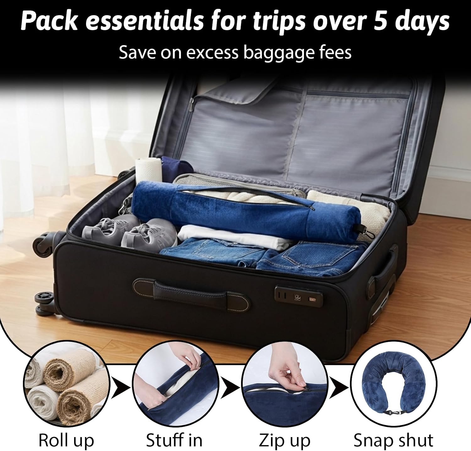 Stuffable Travel Pillow Stuffable Neck Pillow for Traveling Fillable Neck Pillows with Clothes Storage Fits 5+ Days of Travel Essentials…