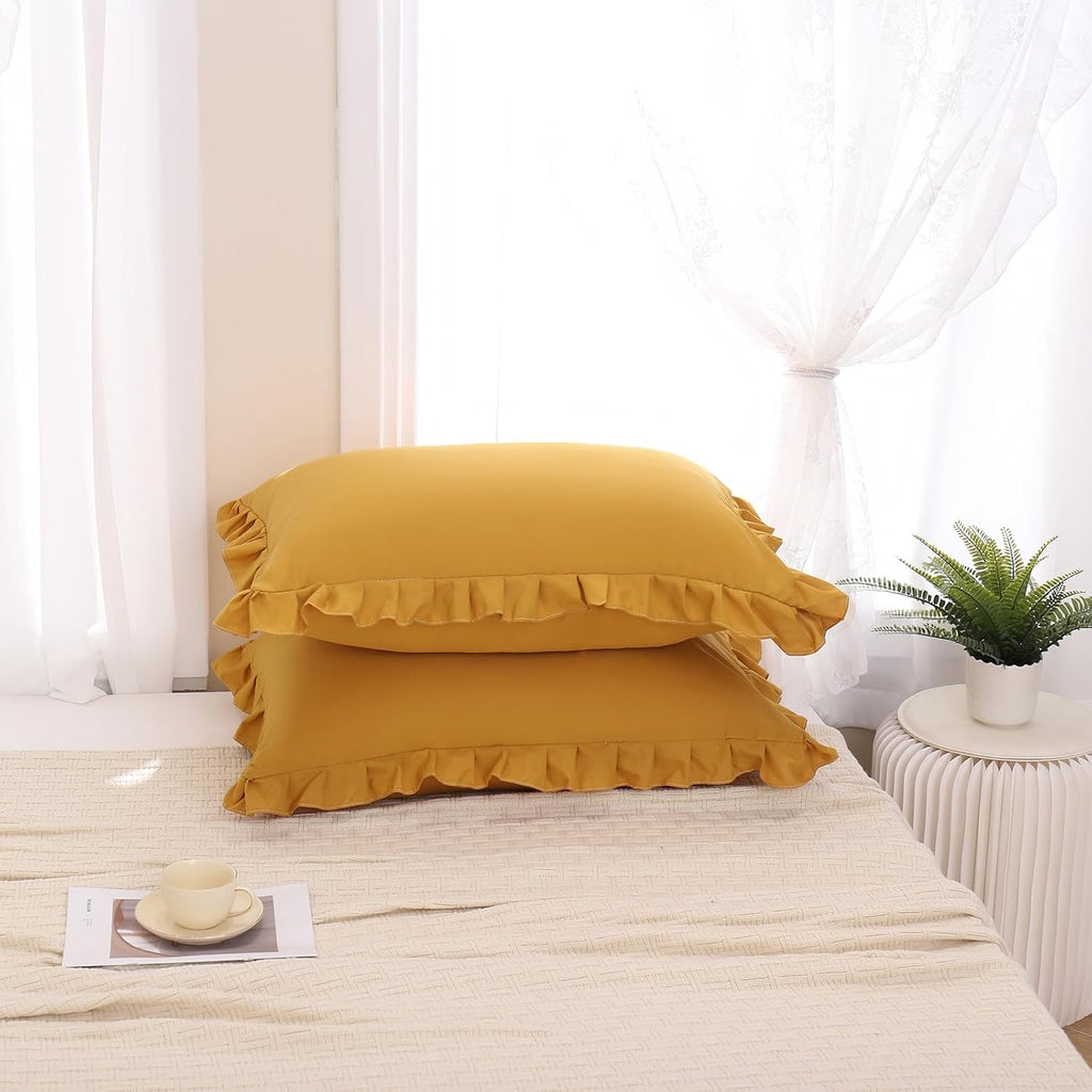 Merryword Mustard Yellow Pillowcases King Pillowcases Set of 2 Ruffle Pillow Shams Cute Pillow Covers Solid Ruffled Fringe Design Yellow Sh…