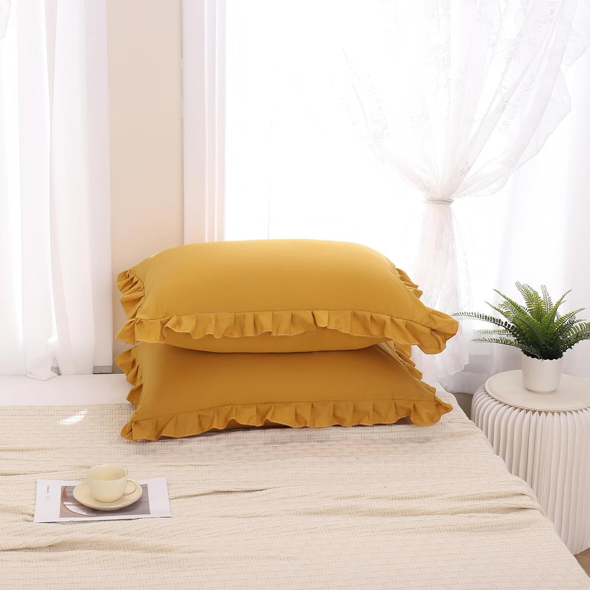 Merryword Mustard Yellow Pillowcases Standard Pillowcases 20x26inch Set of 2 Ruffle Pillow Shams Cute Pillow Covers Solid Yellow Shabby Chi…