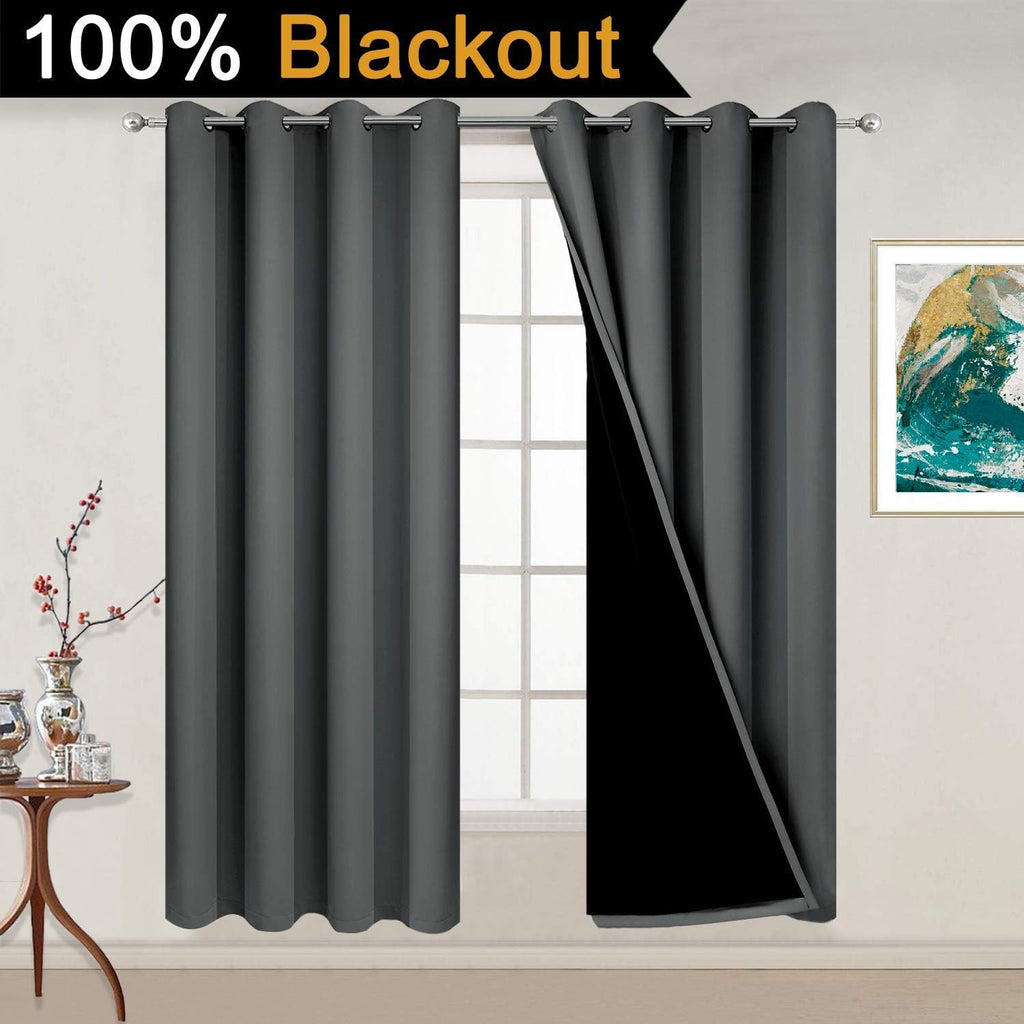 Yakamok Dark Grey 100% Blackout Curtains 54 Inch Length, Heat and Full Light Blocking Drapes for Bedroom, Thermal Insulated Total Blackout…