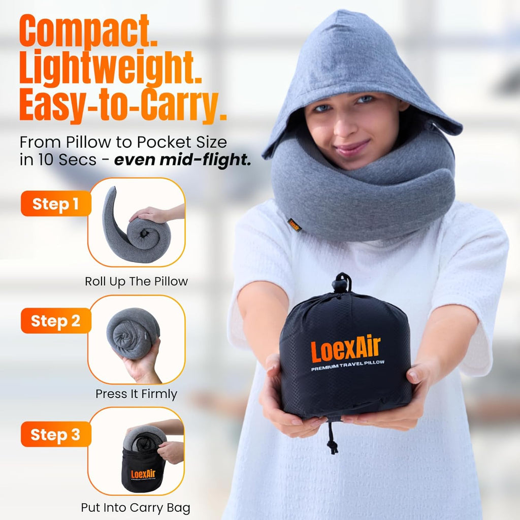 LOEXAIRTM Hooded Pro Travel Pillow - Memory Foam Neck Support Pillow for Airplane, Flight - Super-Soft Pure Cotton Fabric, Maximum Privacy…