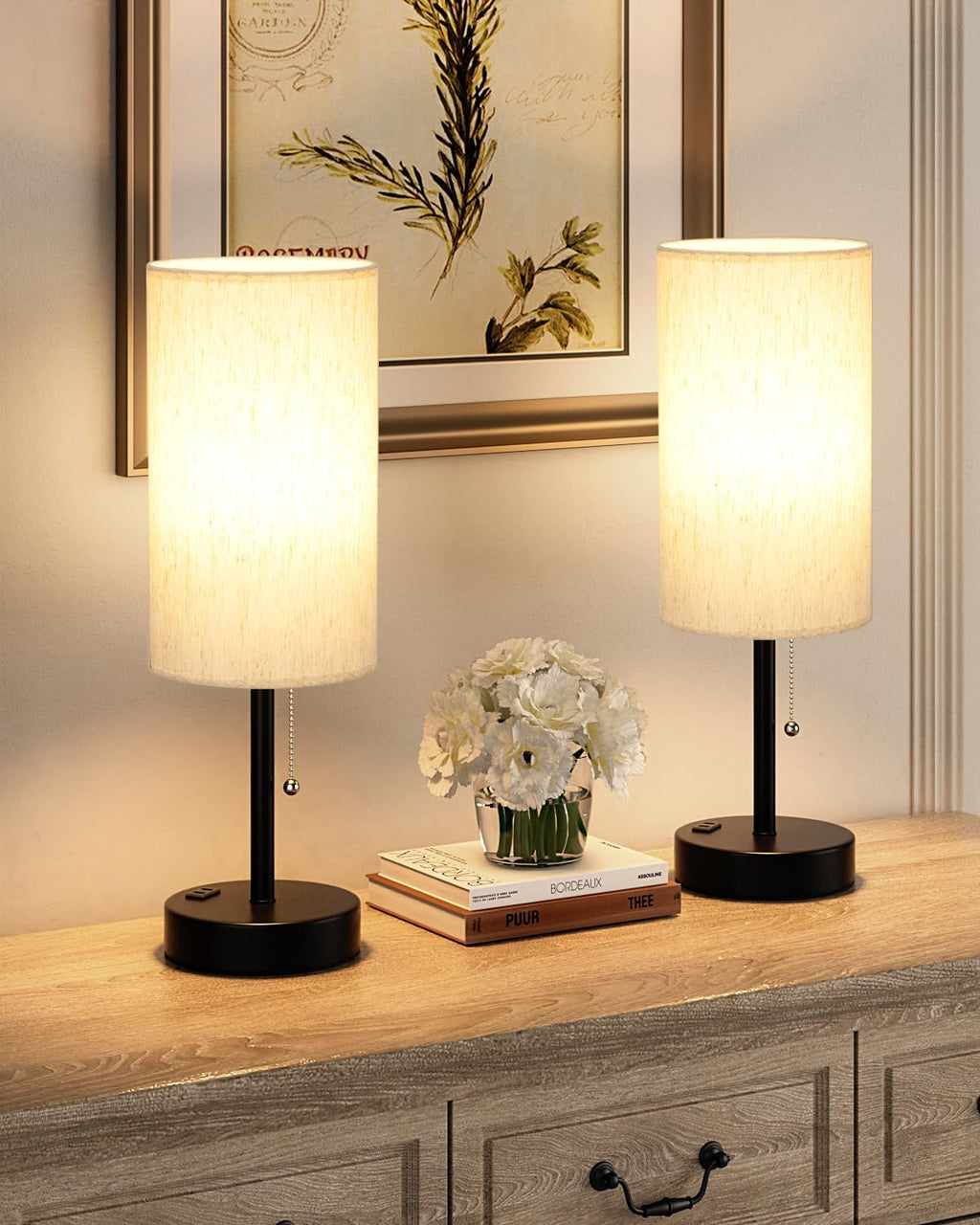 Fenmzee Plus Bedside Table Lamps Set of 2-3 Color Temperatures Pull Chain Lamp with AC Outlet Charging Port, Round Night Stand Lamps for…