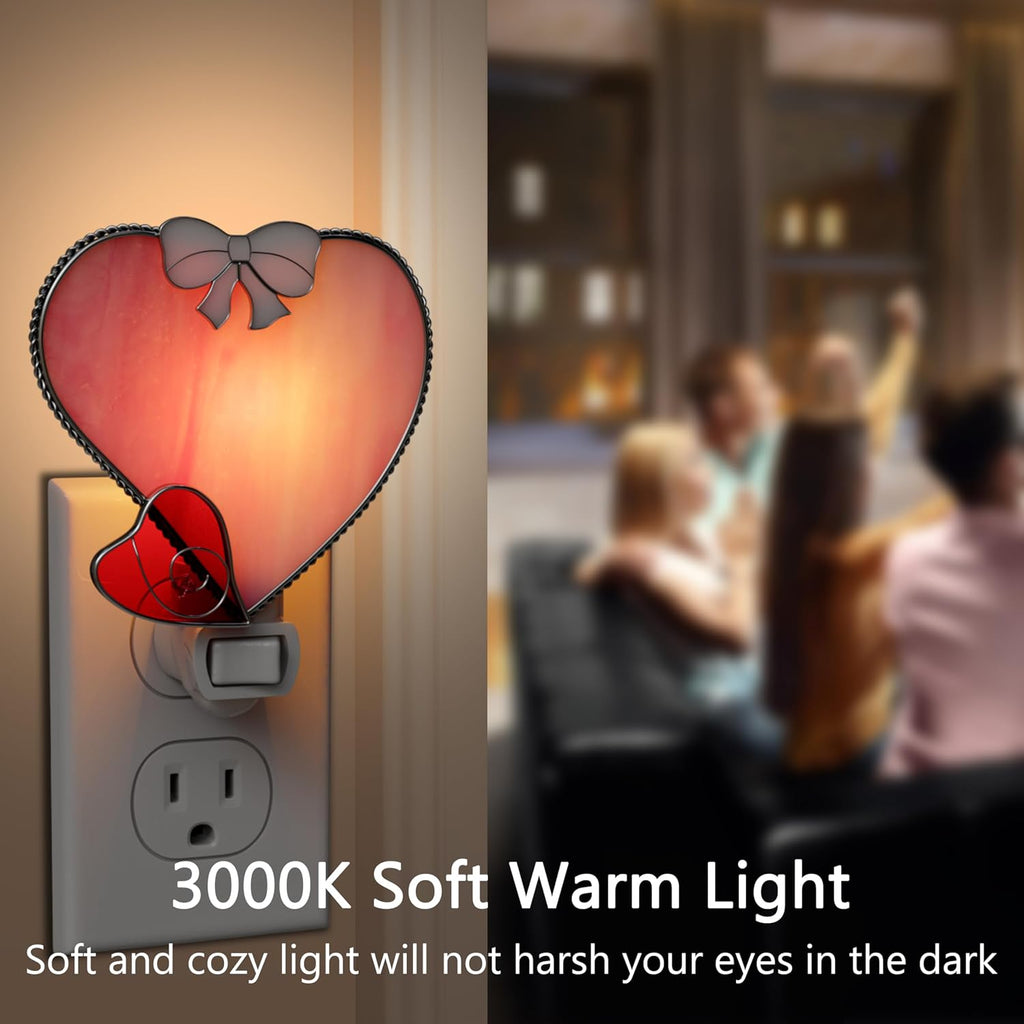 KY&BOSAM Stained Glass Heart Night Lights Plug into Wall 1-Pack 7W Dusk to Dawn 3000K Warm Pink Bright Nightlight with Switch On/Off for…