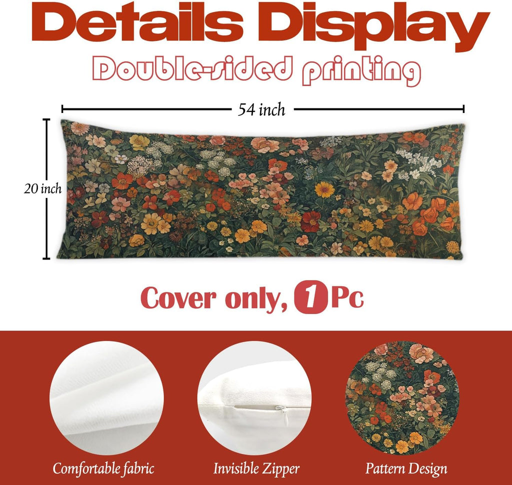 Vintage Moody Floral 20x54 Body Pillow Cover, Cottagecore Home Decor, Farmhouse Colorful Flower Botanical Decorative Long Body Pillow…