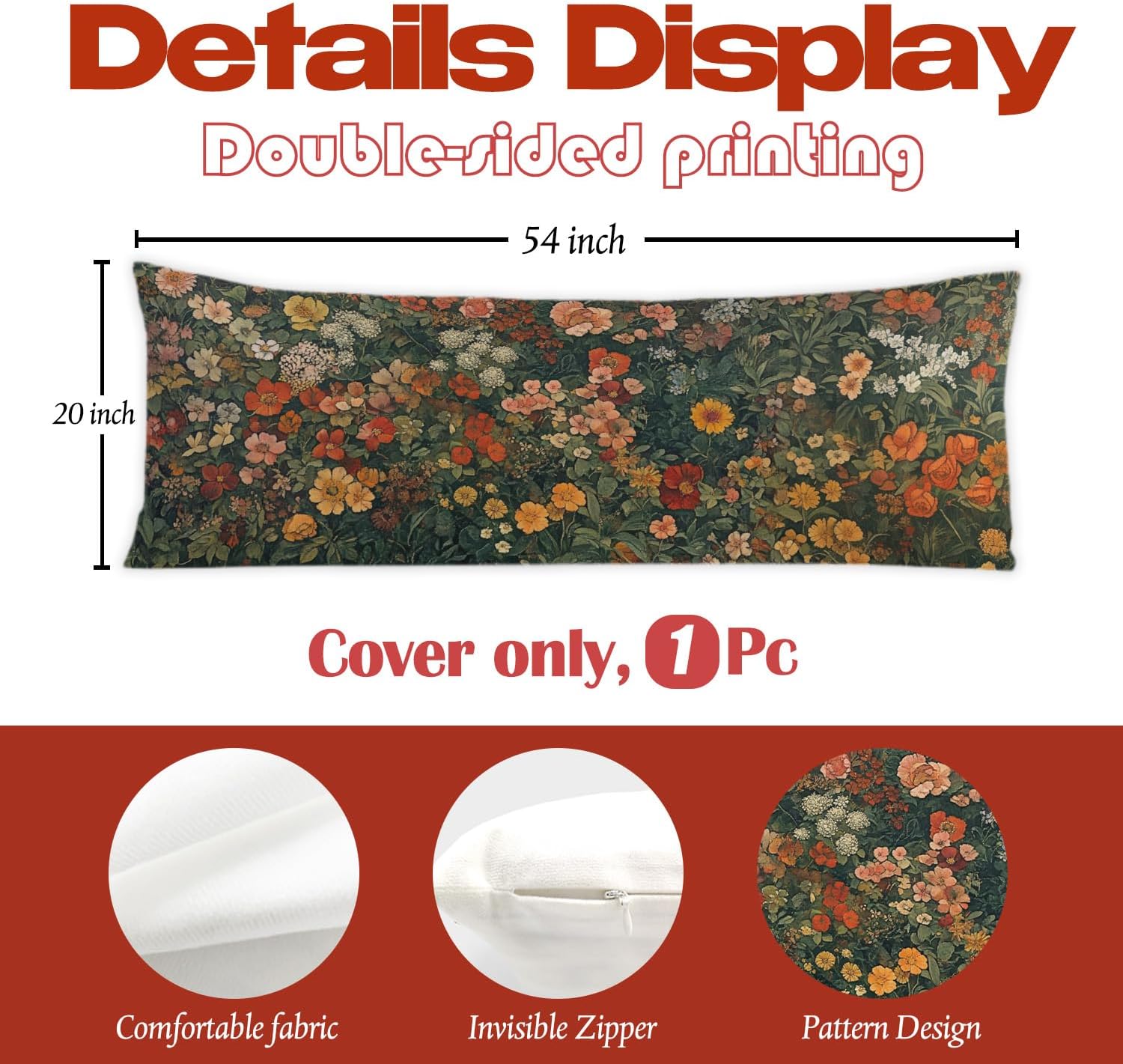 Vintage Moody Floral 20x54 Body Pillow Cover, Cottagecore Home Decor, Farmhouse Colorful Flower Botanical Decorative Long Body Pillow…
