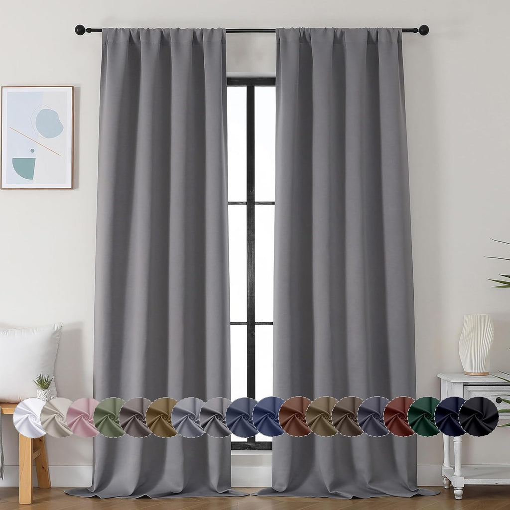 Simplebrand Ava Light Grey Blackout Curtains for Bedroom 90 Inches Long 2 Panels Set, Solid Privacy Energy Saving Living Room Window Treatm…