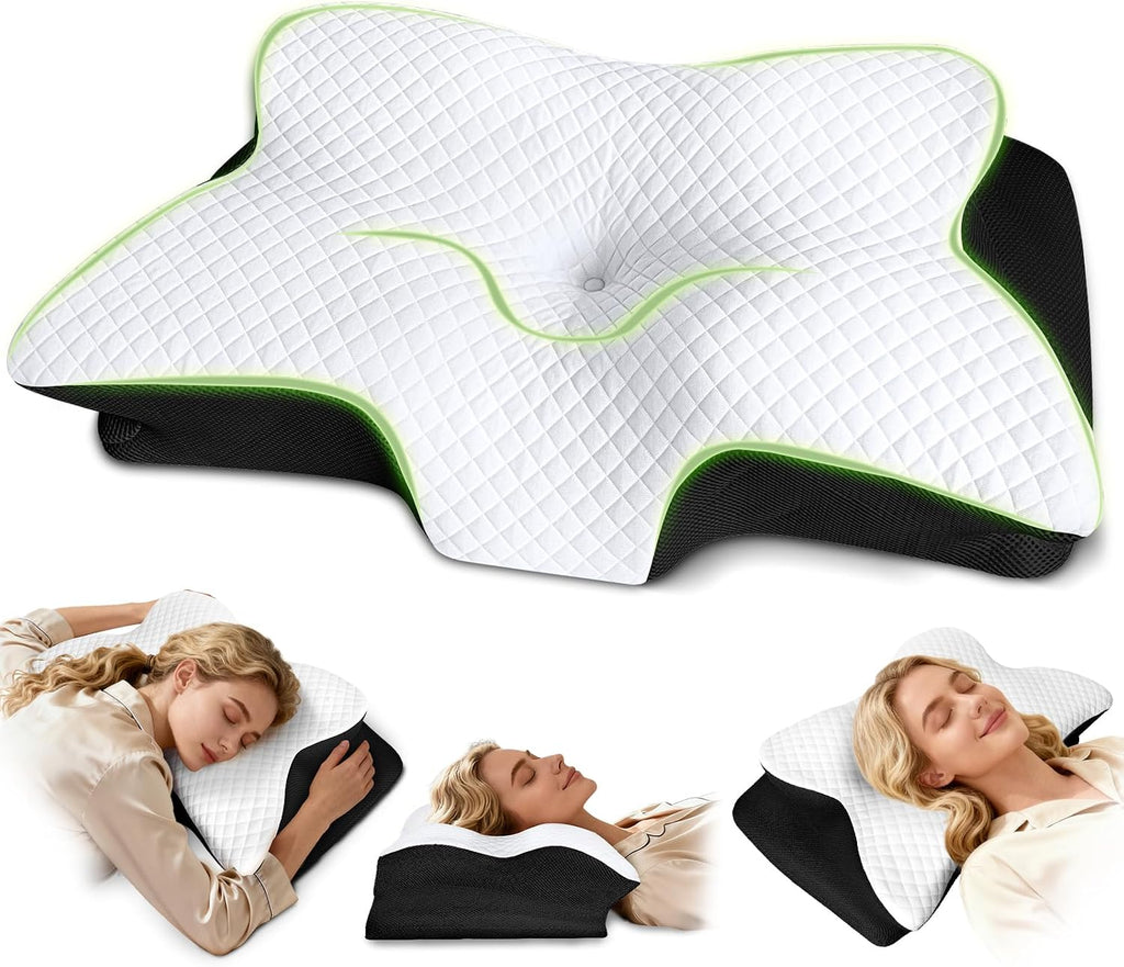 Roowana Cervical Neck Pillow for Neck Pain, Memory Foam Orthopedic Pillow with Contoured Design, Neck Support Pillows for Side, Back and St…
