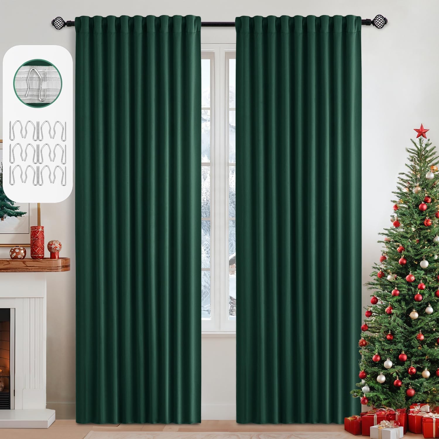 Miulee Christmas Hunter Green Back Tab Blackout Curtains 90 Inches Long 2 Panels Set for Living Room Bedroom, Rod Pocket/Pinch Pleat Therma…