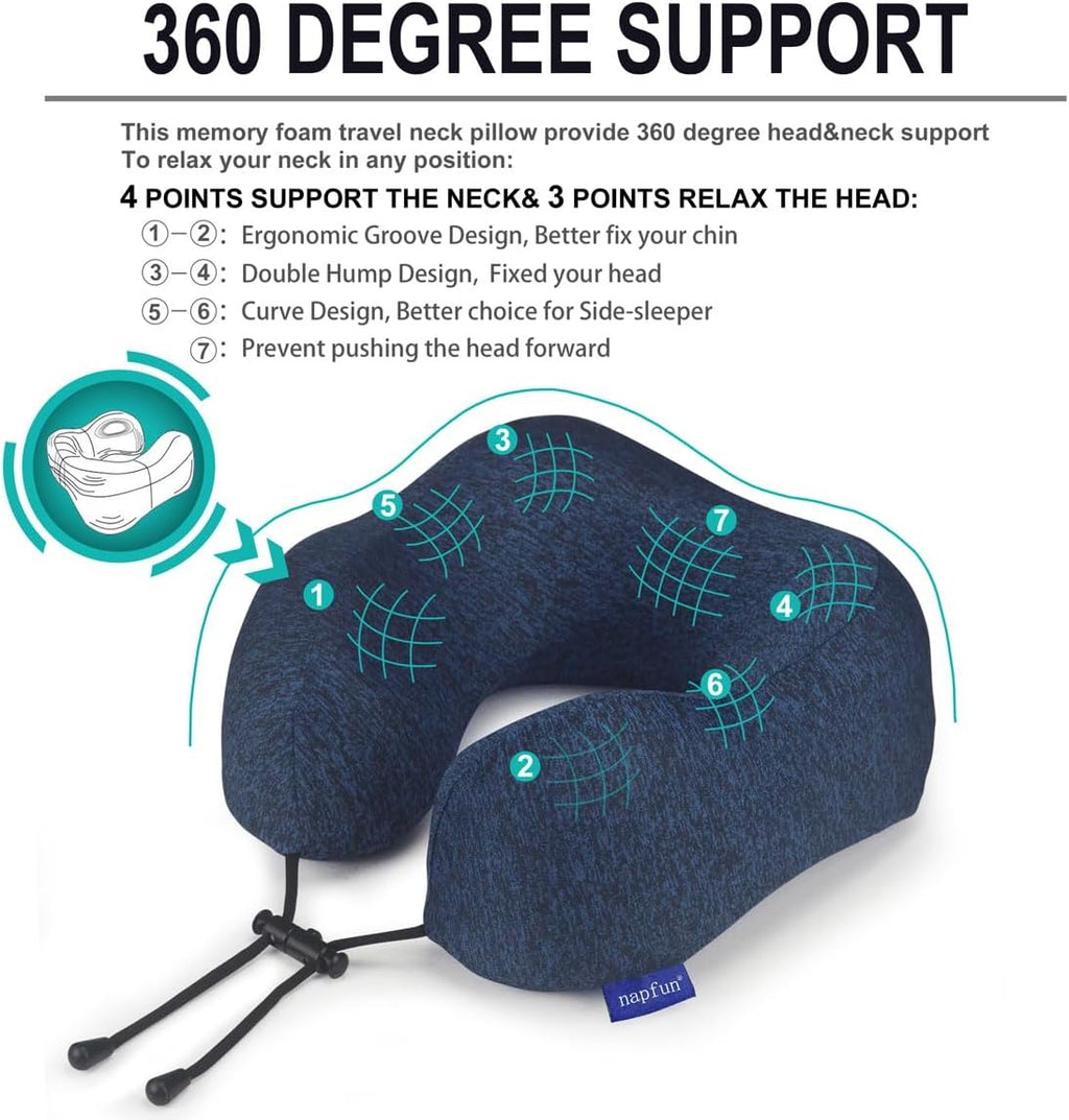 napfun Neck Pillow for Traveling, Upgraded Travel Neck Pillow for Airplane 100% Pure Memory Foam Travel Pillow for Flight Headrest Sleep…