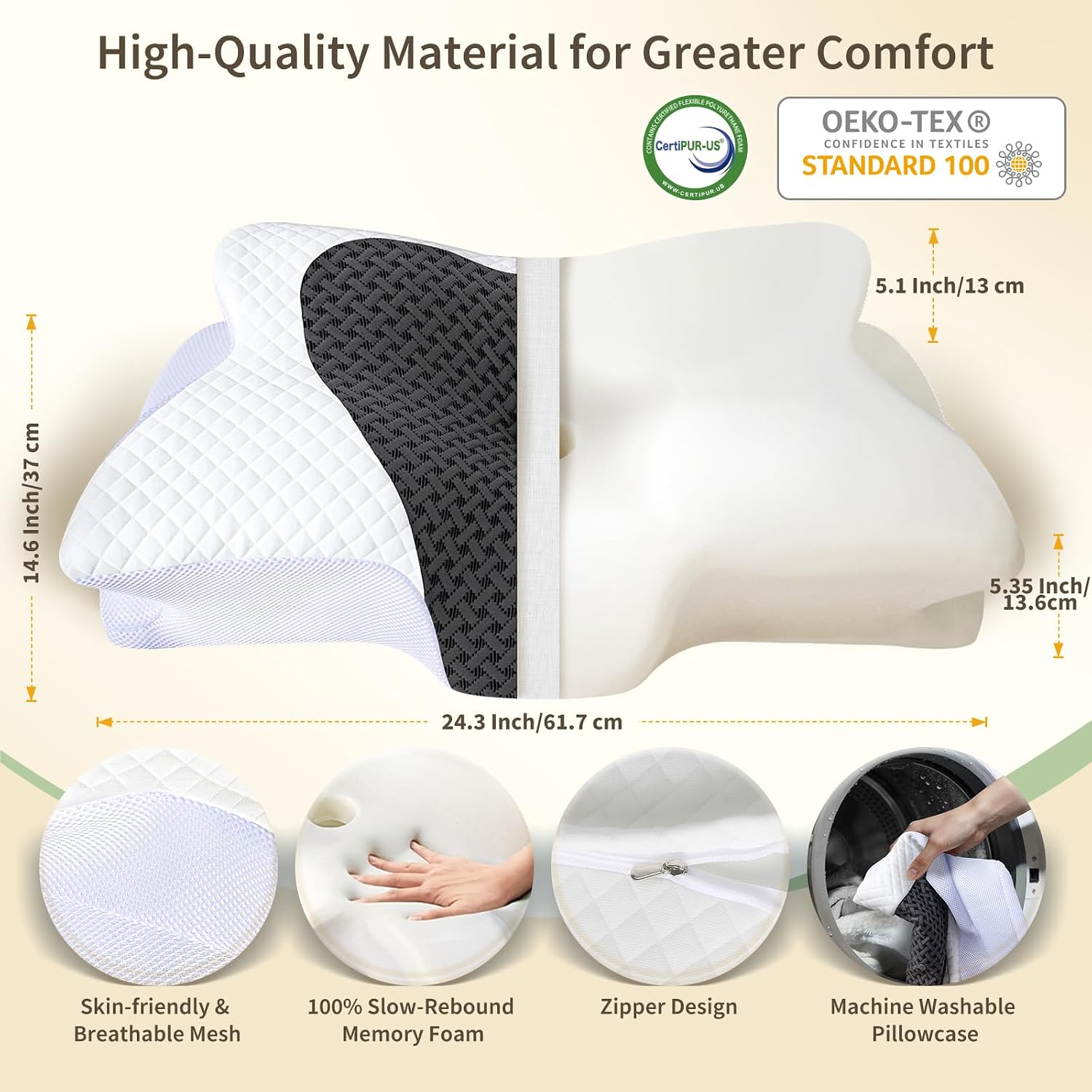 Roowana Cervical Neck Pillow for Neck Pain, Memory Foam Orthopedic Pillow with Contoured Design, Neck Support Pillows for Side, Back and St…