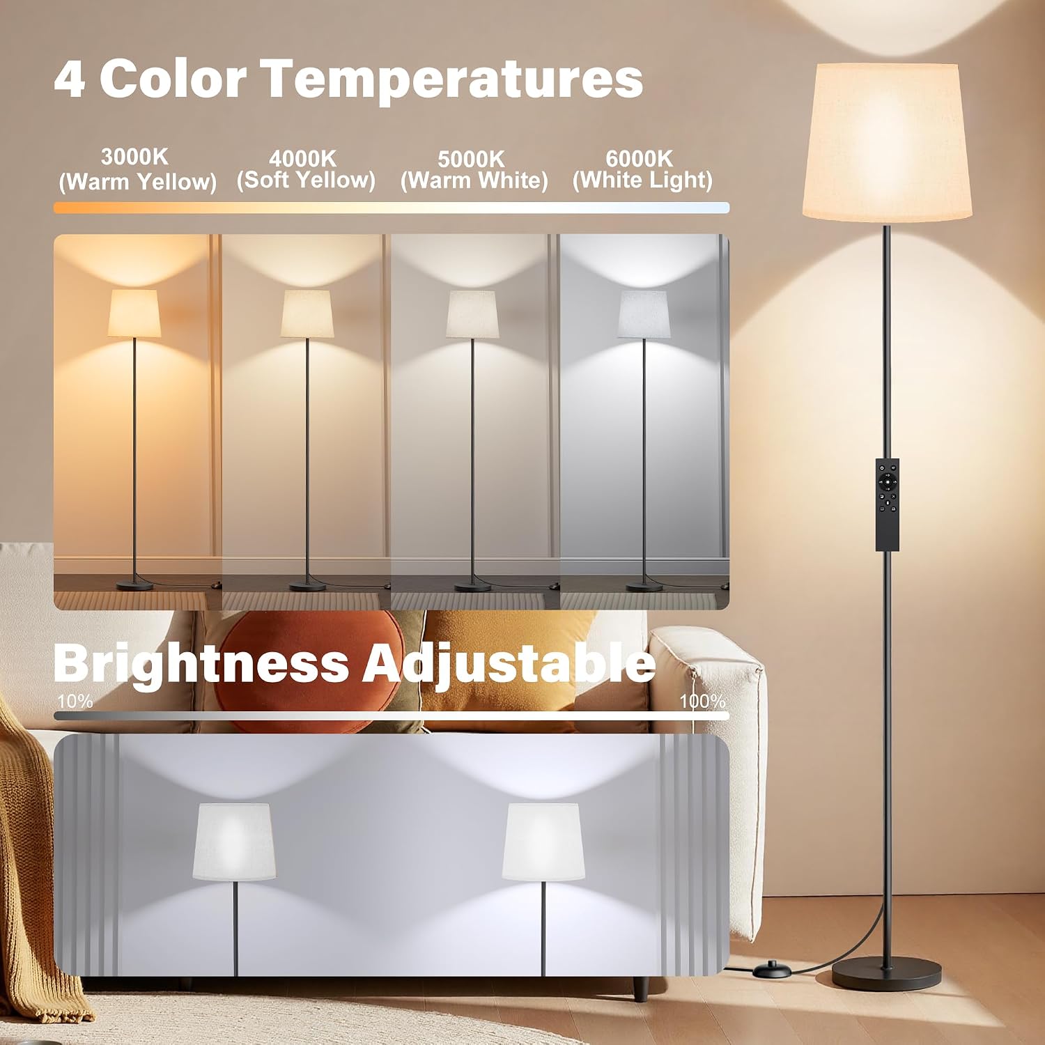 Sibrille Floor Lamp with White Shade, 62" Dimmable LED Standing Lamp with Remote, 9W E26 Bulb Included, 3000-6000K, Modern Floor Reading Li…