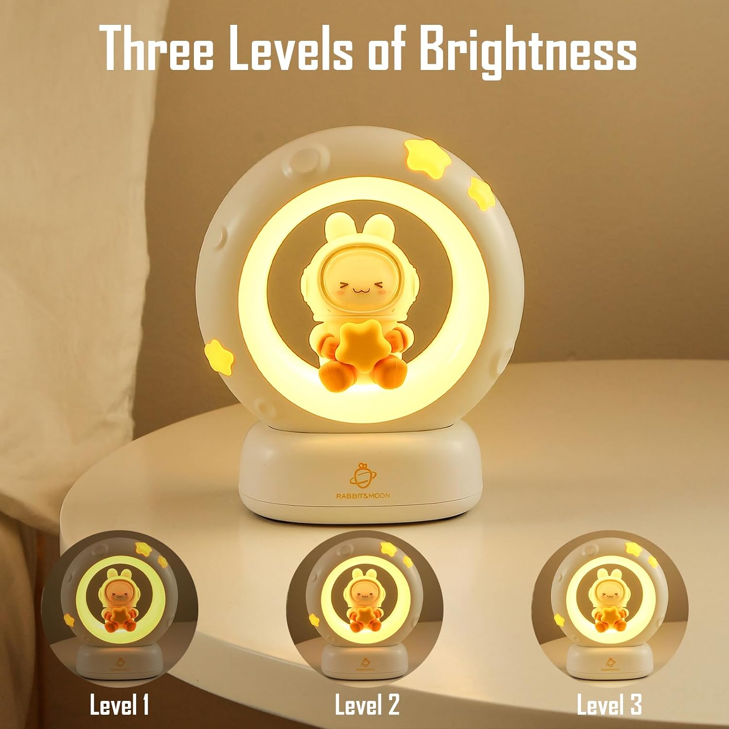 Moon and Bunny Rechargeable Night Light, Safe PVC and ABS Material, 3 Brightness Levels, Tap Control, Warm Light, Toddler Sleeping Lamp…