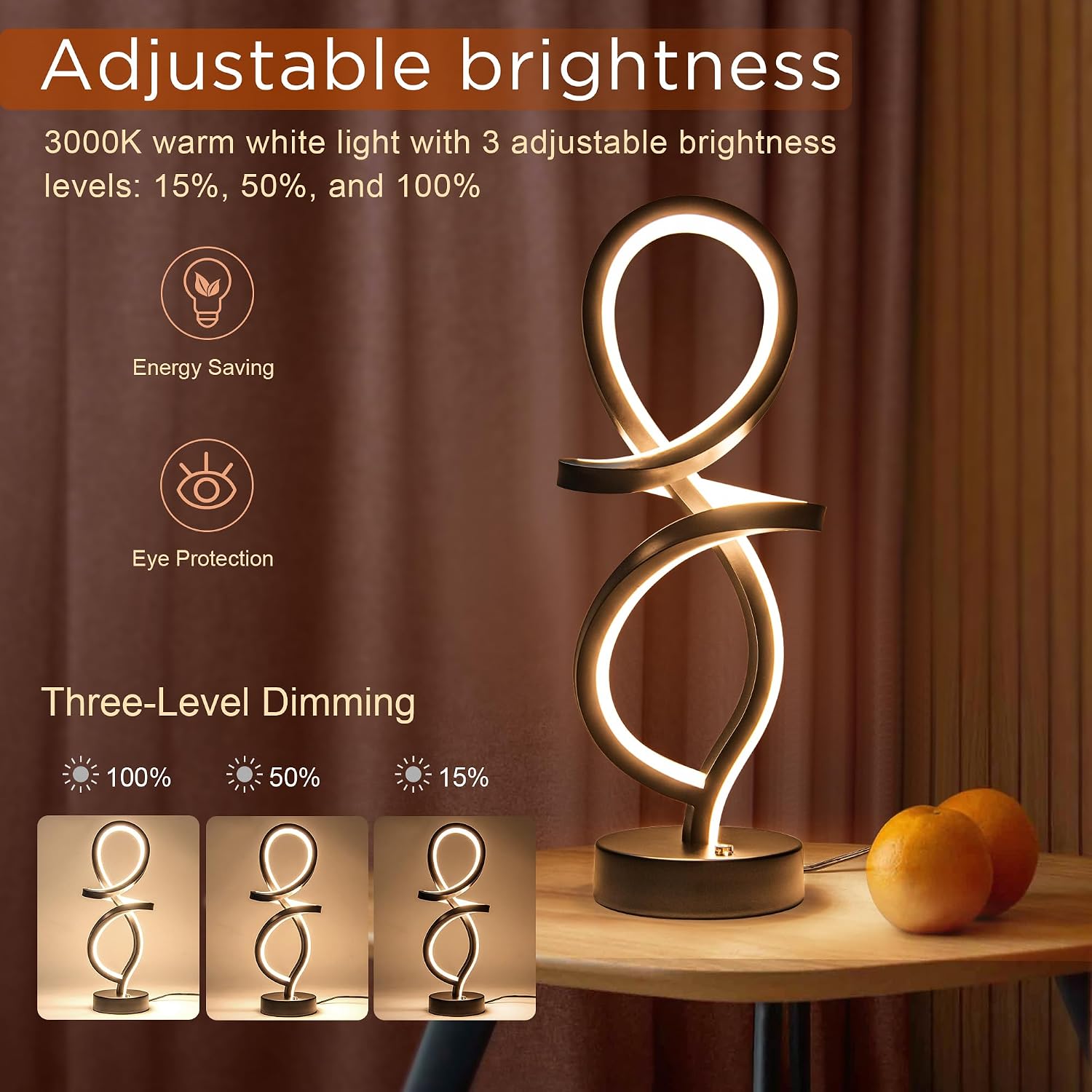 Mayful RGB Modern Table Lamp with 15W LED Spiral Spiral Design, Black Nightstand Lamp & Small Bedside Lamp, Touch Dimmable with 7 Colors…