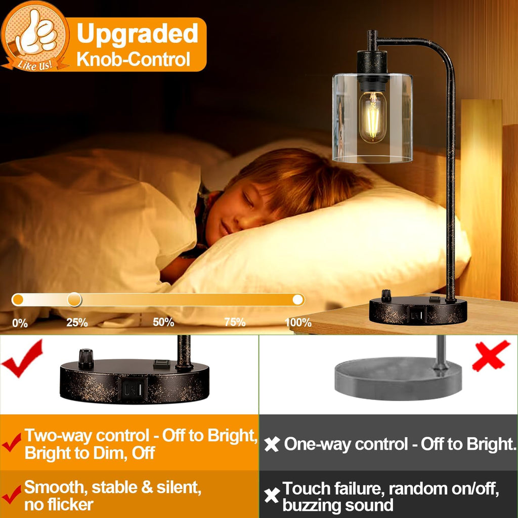 Set of 2 Industrial Table Lamps with USB Port, Rustic Black Fully Stepless Dimmable Bedside Lamps for bedrooms, Nightstand Desk Lamps…