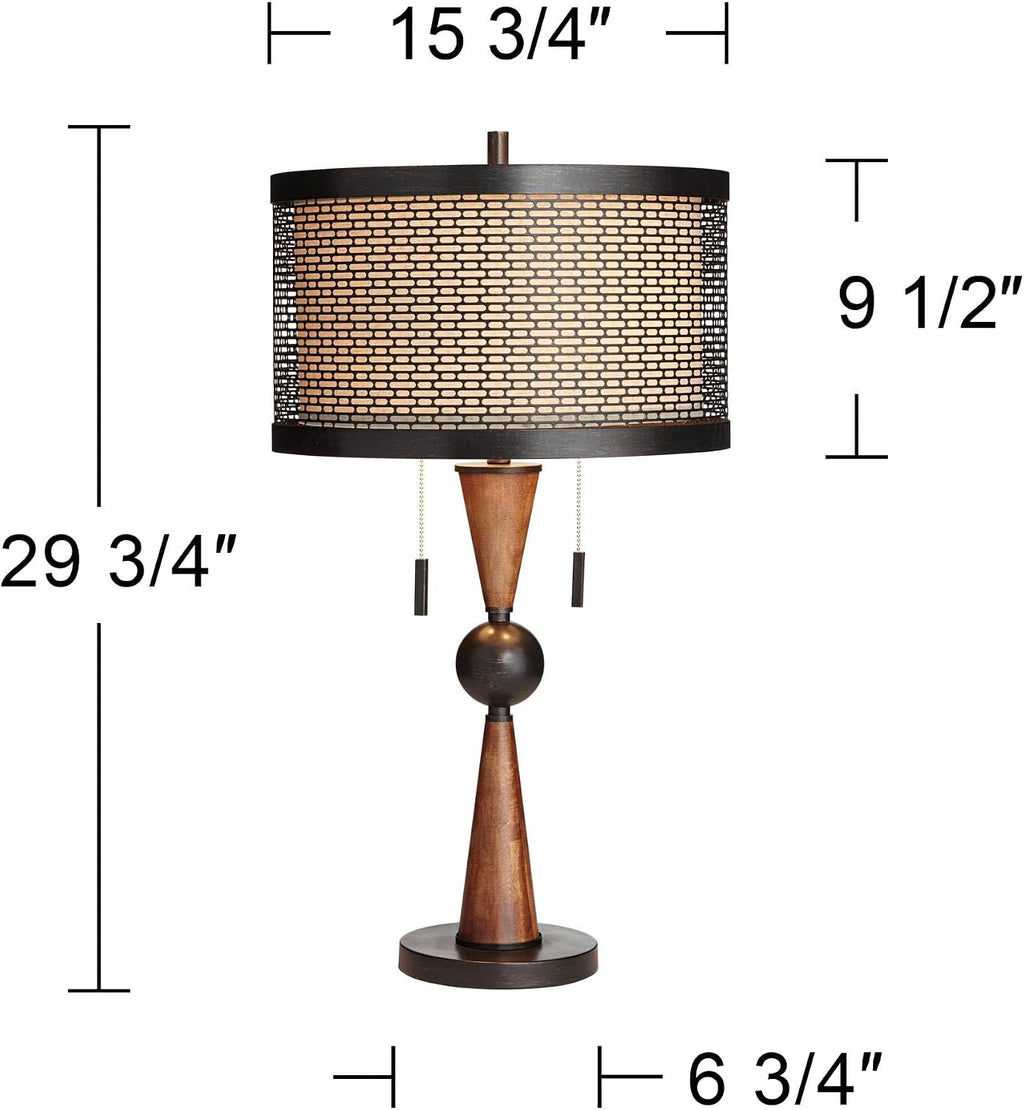 Franklin Iron Works Hunter Rustic Farmhouse Table Lamp 29 3/4" Tall Cherry Wood Bronze Metal Outer Tan Fabric Inner Drum Shade for…