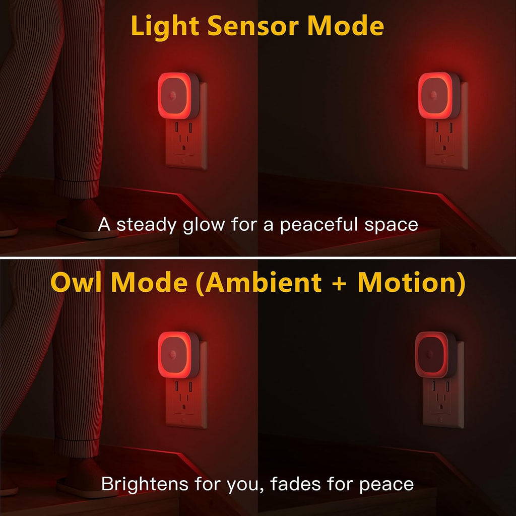 YUNLEX 2 Pack Plug in Red Sleep Night Light with Motion Sensor & Dusk to Dawn Sensor, Soft Glow, 0% Blue Light, Dimmable, Auto On/Off…