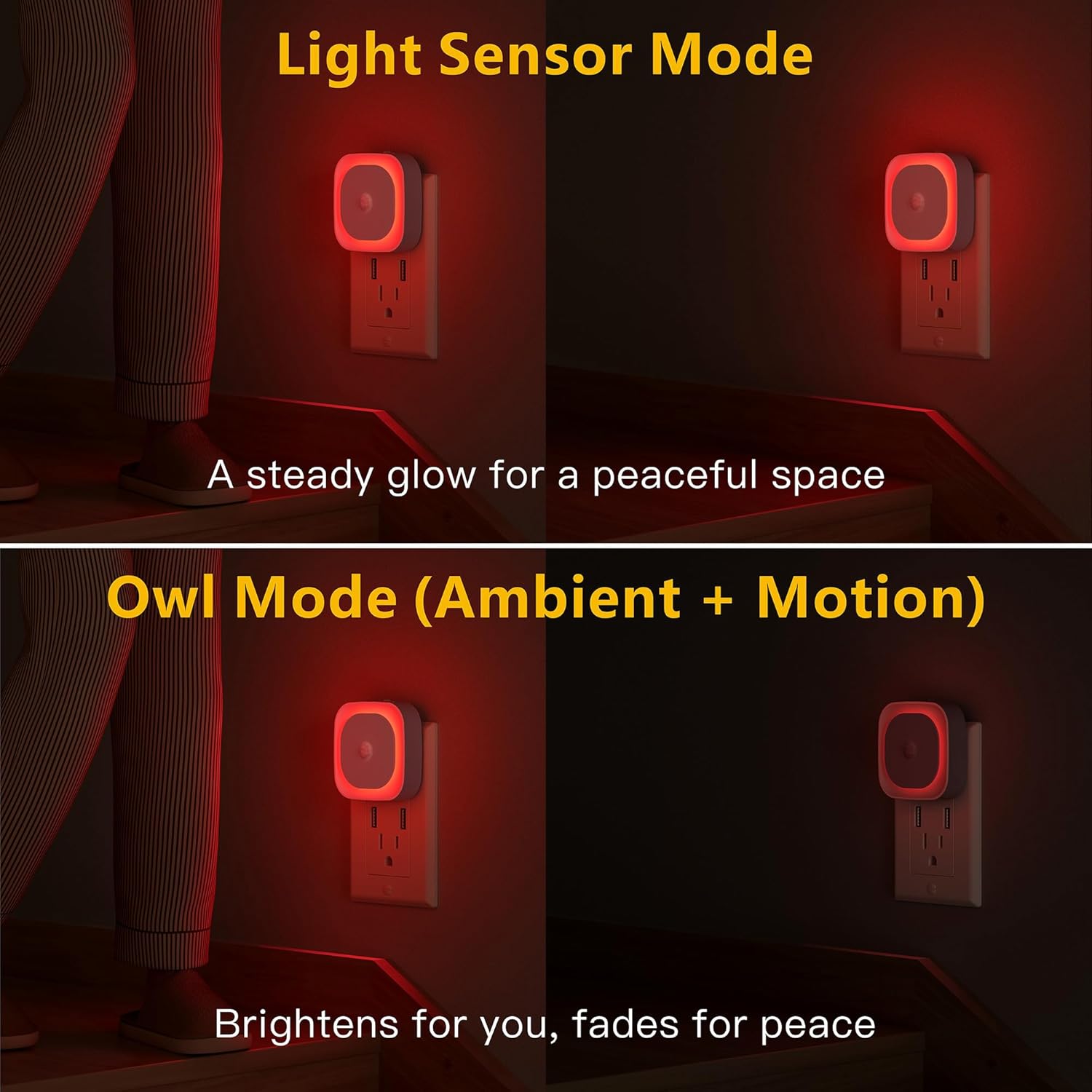 YUNLEX 2 Pack Plug in Red Sleep Night Light with Motion Sensor & Dusk to Dawn Sensor, Soft Glow, 0% Blue Light, Dimmable, Auto On/Off…