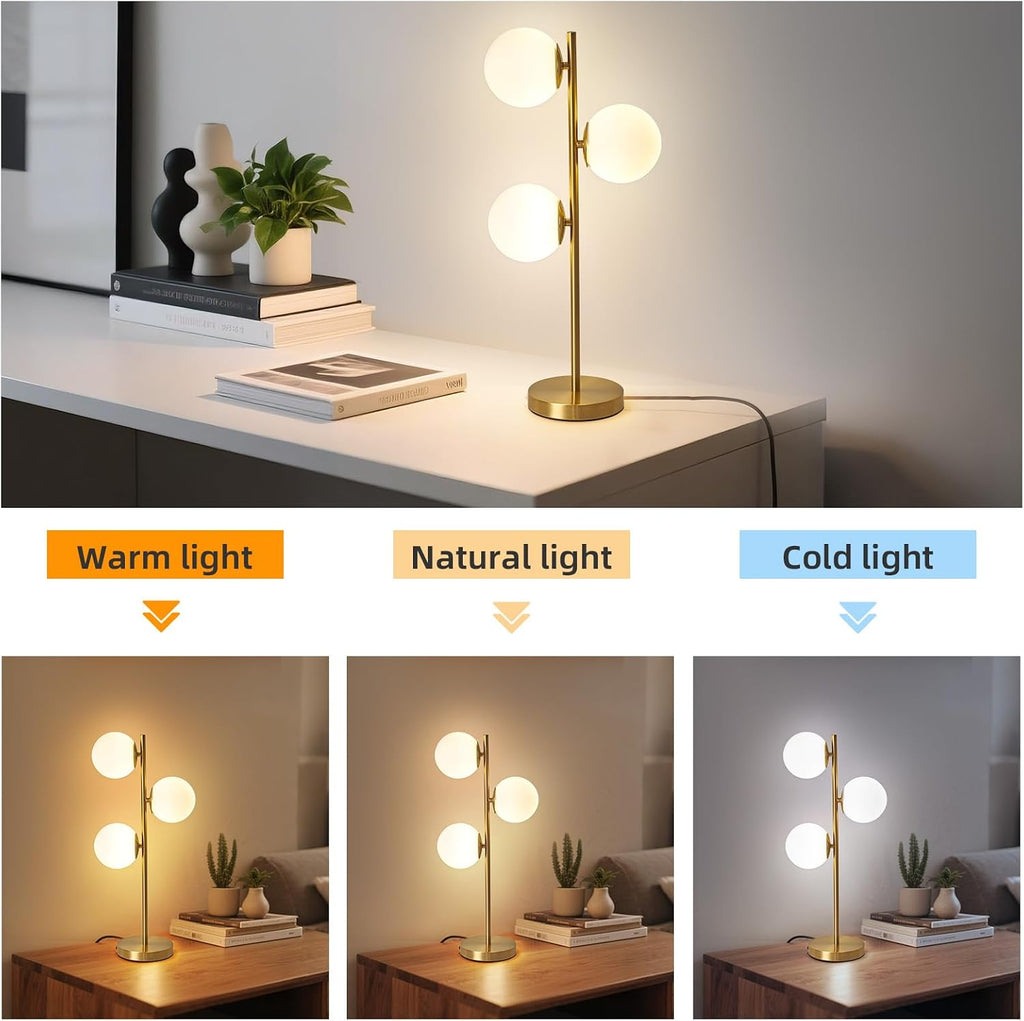 Mid Century Modern 3-Light Table Lamp, Gold LED Nightstand Lamp with White Glass Shades, Bedside Decor Lamp for Bedroom Living Room Office