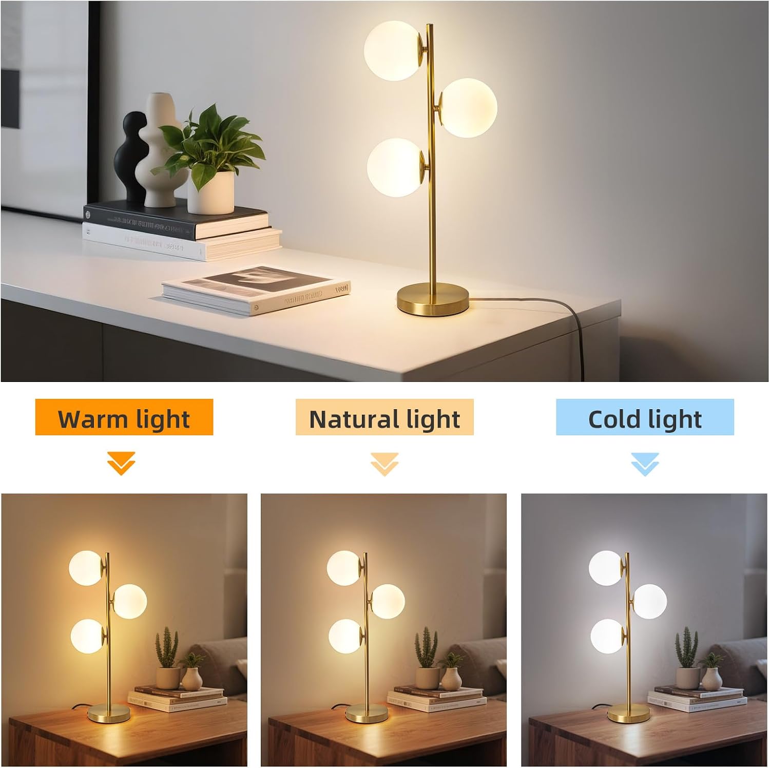 Mid Century Modern 3-Light Table Lamp, Gold LED Nightstand Lamp with White Glass Shades, Bedside Decor Lamp for Bedroom Living Room Office