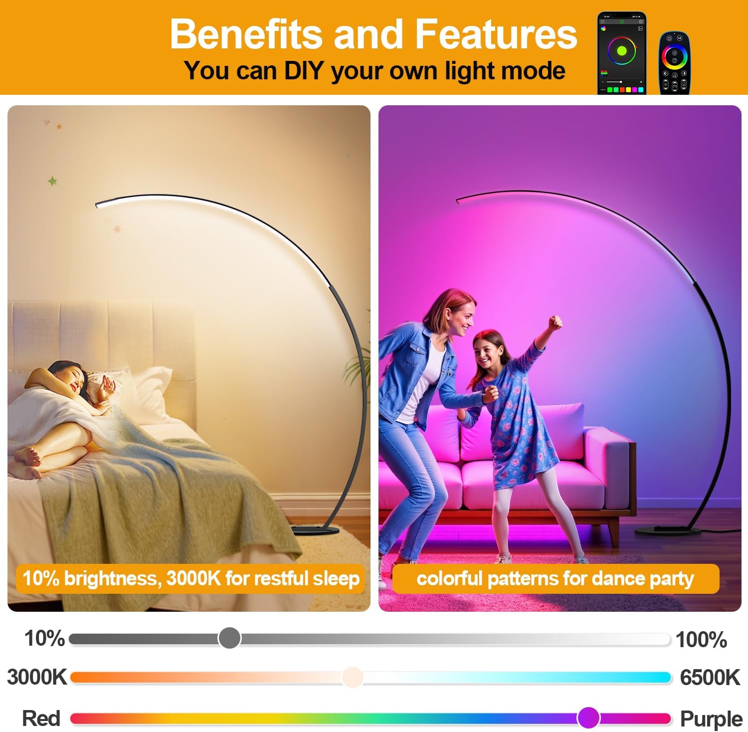 RGB Dimmable Arc Floor Lamps with 3 Color Temperatures, Ultra Bright 1800LM LED Floor Lamps for Living Room, Modern Standing Tall Lamp…