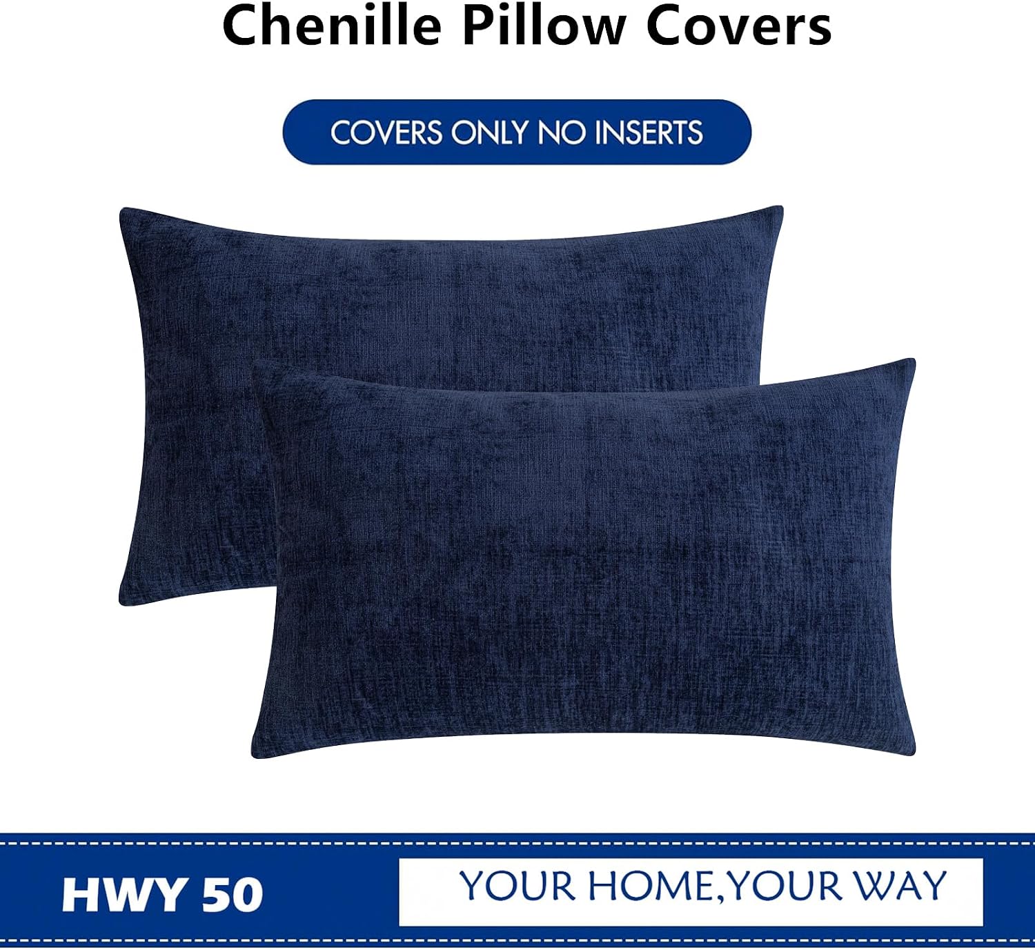 Hwy50 HWY 50 Navy Blue Lumbar Pillow Covers 12x20 Inch Pack of 2, Soft Chenille Decorative Throw Pillow Covers Farmhouse for Couch Sofa Liv…