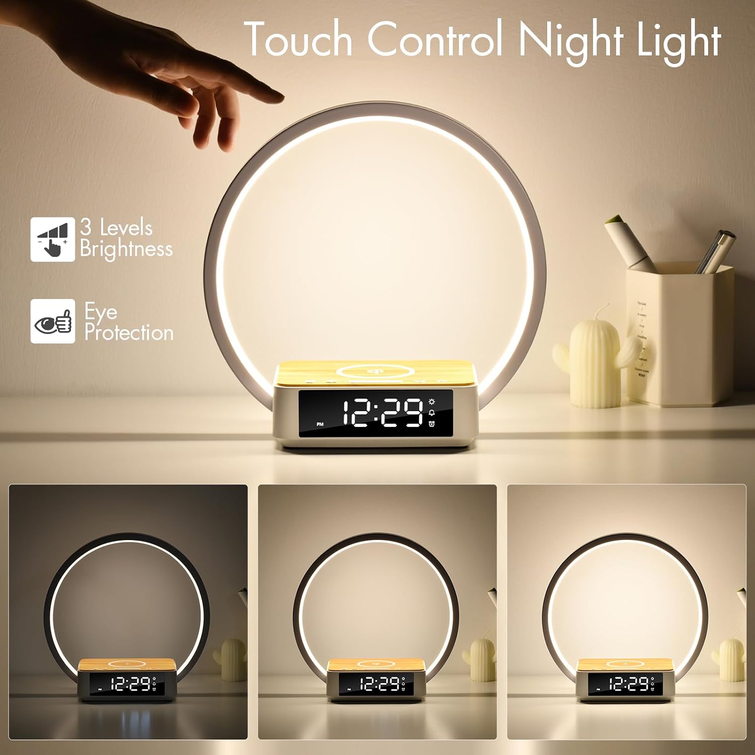 Wilit Bedside Lamp with Alarm Clock, Touch Lamp with Wireless Charger, Nightlight for Bedroom, Sunrise Wake-up Light,3-Grade Dimmable, Birthday…