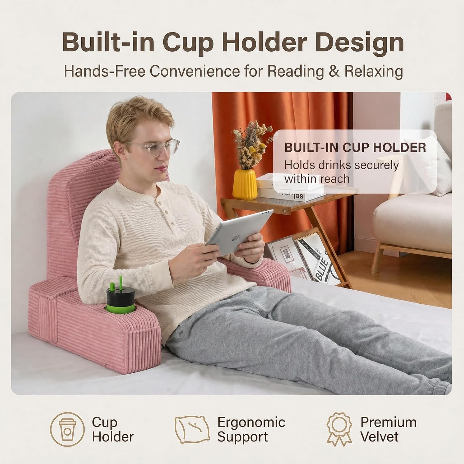 Asawesling Reading Pillow for Adults, Back Pillow for Bed Sitting Up, Backrest Pillow for Sitting in Bed, Detachable Arms with Built-in Cup…
