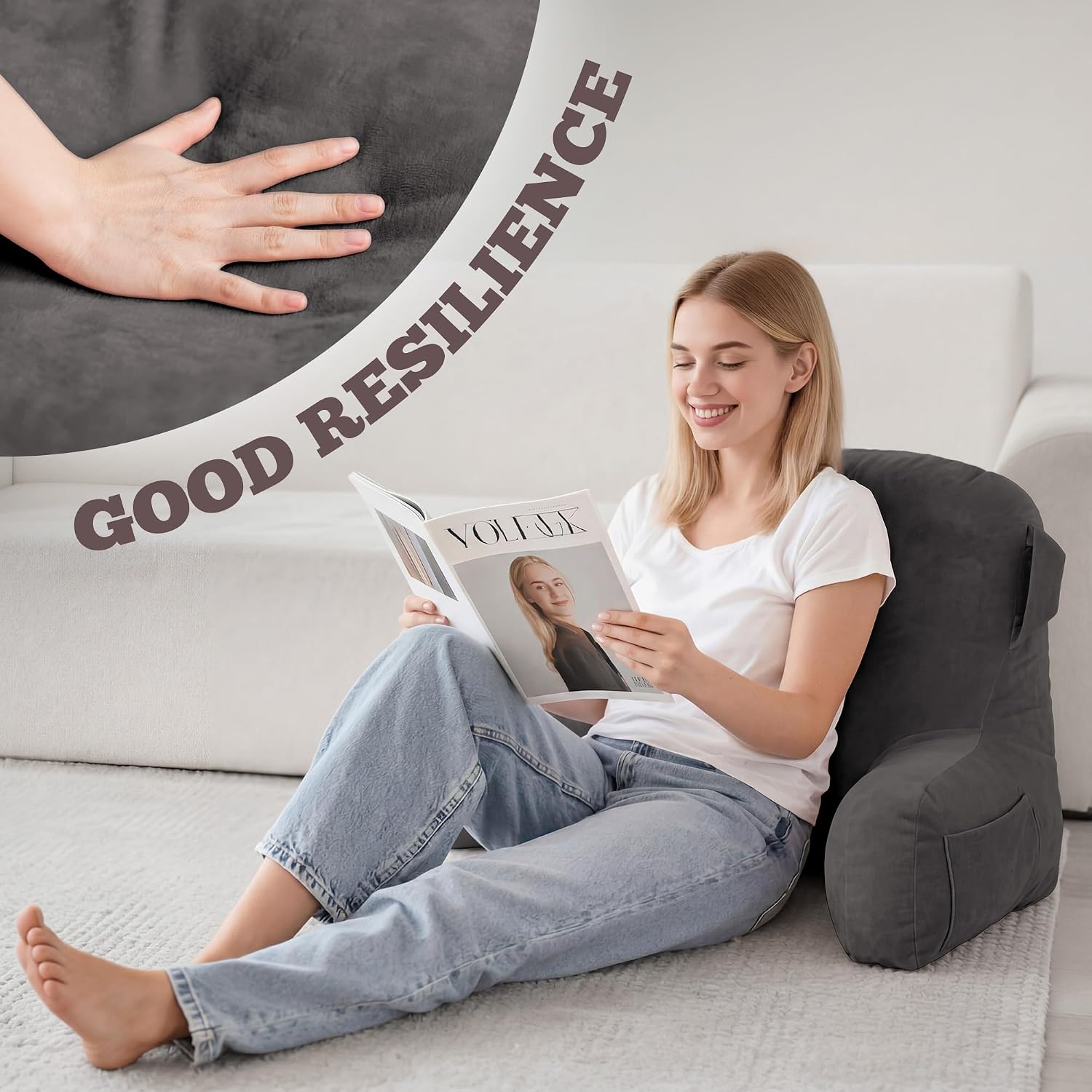 Unisakey Portable Comfy Reading Pillows for Bed Sitting Up(Light Grey Oeko-Tex), Velvet Back Pillow with Arms & Pockets for Adults…