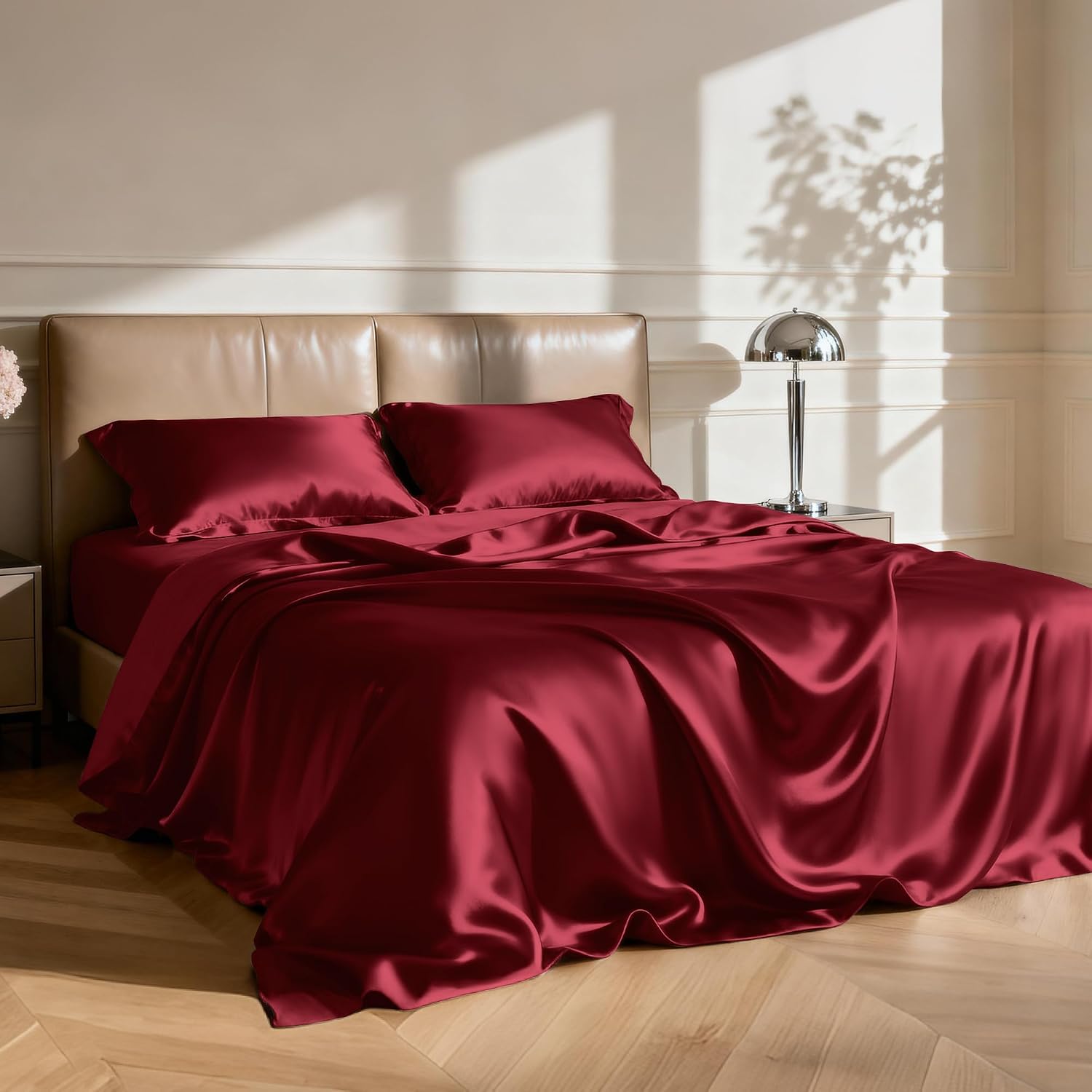Lovescabin Love's cabin 4Piece California King Satin Bed Linen Set, Burgundy Silky Satin Sheets, Deep Pocket, Luxury Silk Feel, 1 Flat, 1 F…