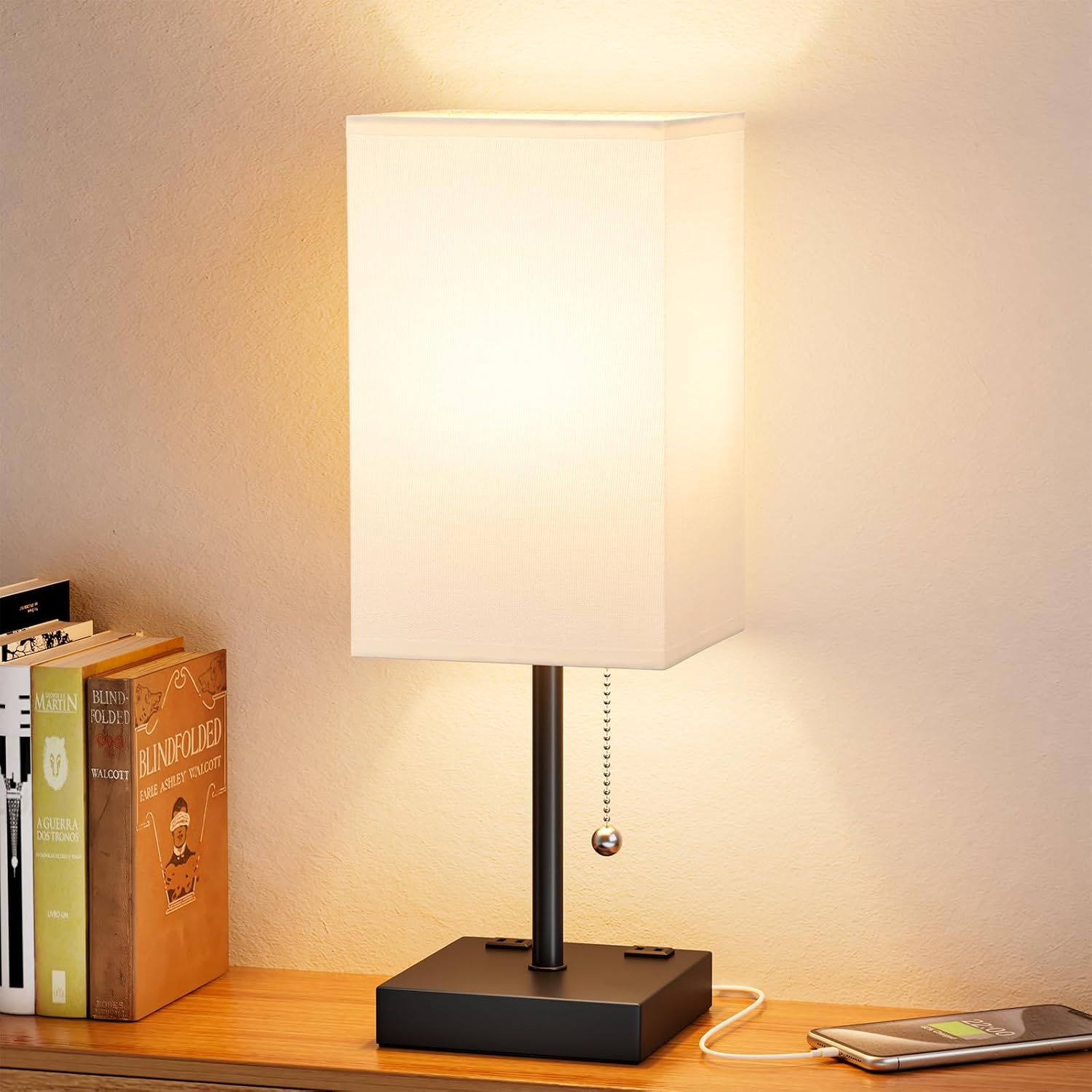 Aooshine White Medium Table Lamp with USB Ports - 3 Color Temperature Bedside Lamp for Bedroom, Pull Chain Control, USB A and C Ports, 2 AC…